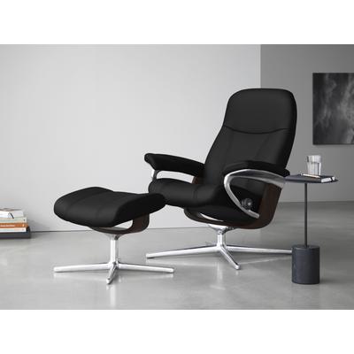 Relaxsessel STRESSLESS "Consul", schwarz (schwarz paloma), B:78cm H:97cm T:70cm, Leder PALOMA: PALOMA ist ein durchgefärbtes Semianilin-Möbelleder mit natürlicher Narbung., Sessel, mit Hocker, mit Cross Base, Größe S, M & L, Holzakzent Braun Image