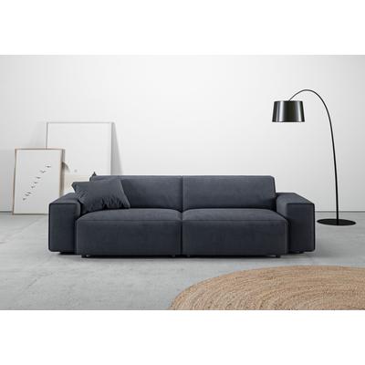 Big-Sofa ANDAS "Glimminge auch in Breitcord, Feincord + Easy care-Bezug", blau (dunkelblau), B:254cm H:71cm T:101cm, 100% Polyester, Sofas, besondere Kedernähte Zierkissen Image