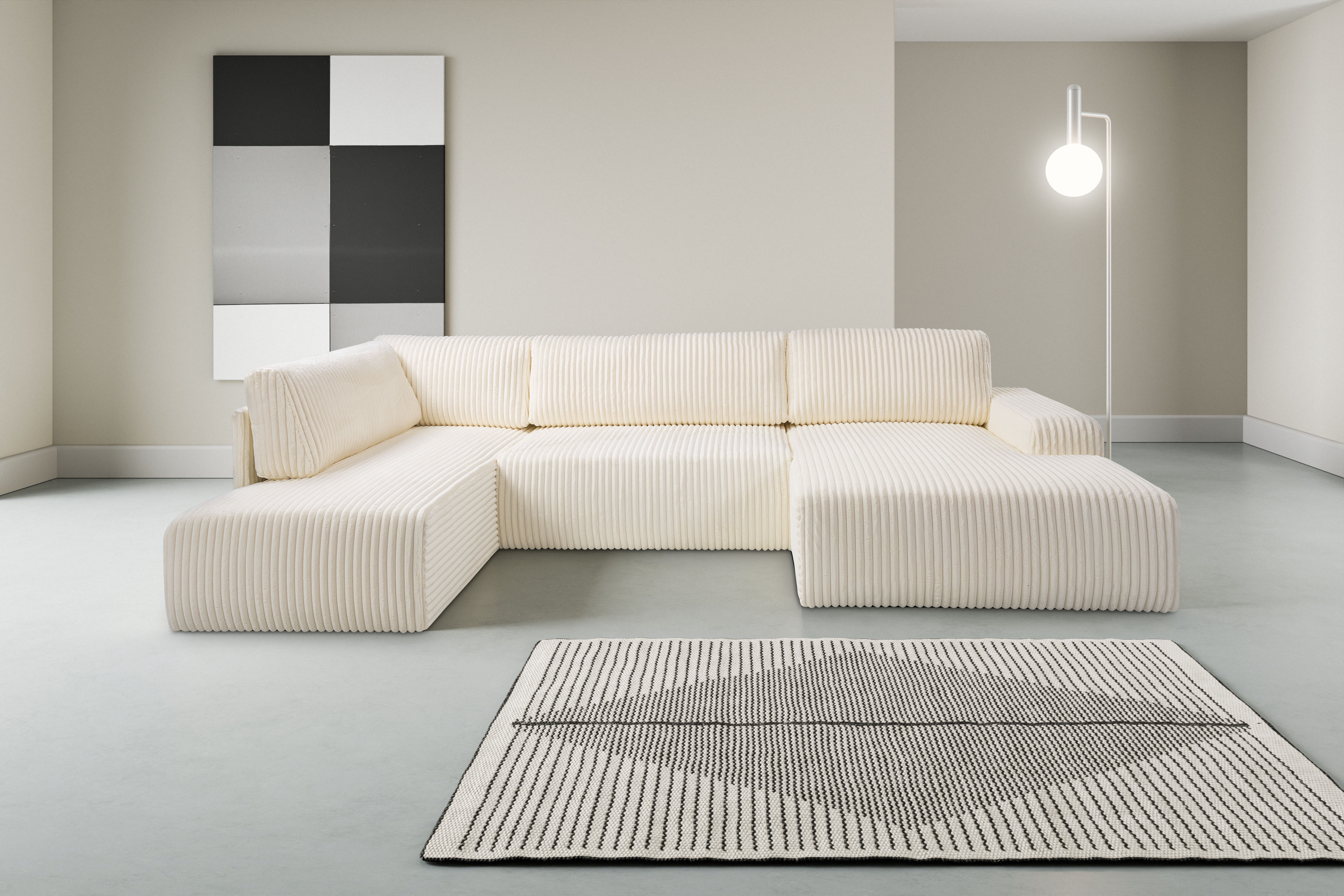 Wohnlandschaft WERK2 "Rotterdam-U, U-Form, in kuschelweichem Cord oder Breitcord", beige (creme), B:325cm H:85cm T:190cm, 100% Polyester, Sofas, Wohnlandschaft, Design Sofa mit Schlaffunktion & Bettkasten, Breitcord, Creme