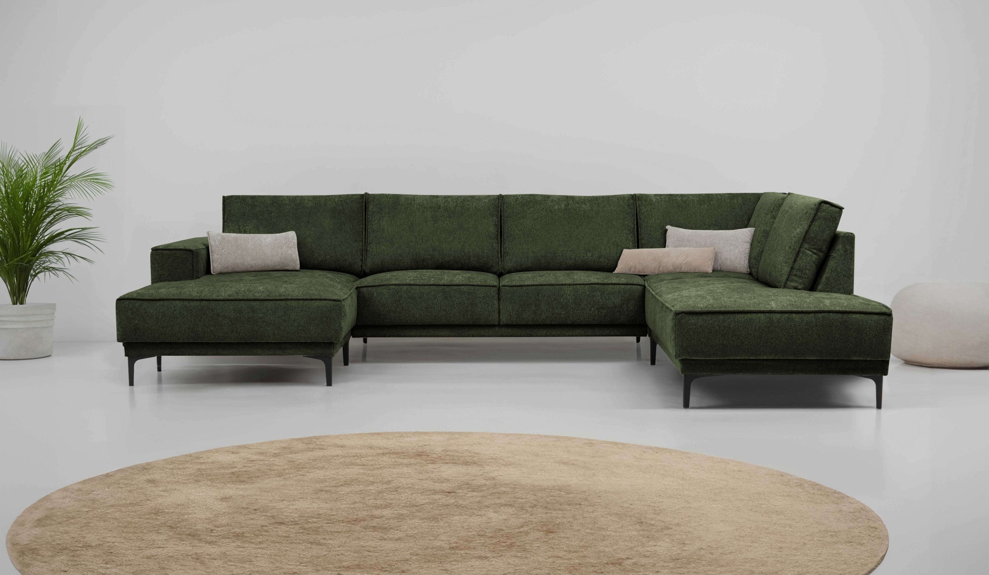 Wohnlandschaft OTTO HOME "XXL Sofa Oland, Struktur, Flachgewebe, Luxus-Microfaser, Boucle", grün, B:345cm H:85cm T:210cm, 100% Polyester, Sofas, Wohnlandschaft, U-Form, 345 cm, Wellenunterfederung, Skandi-Design, Metallfüße