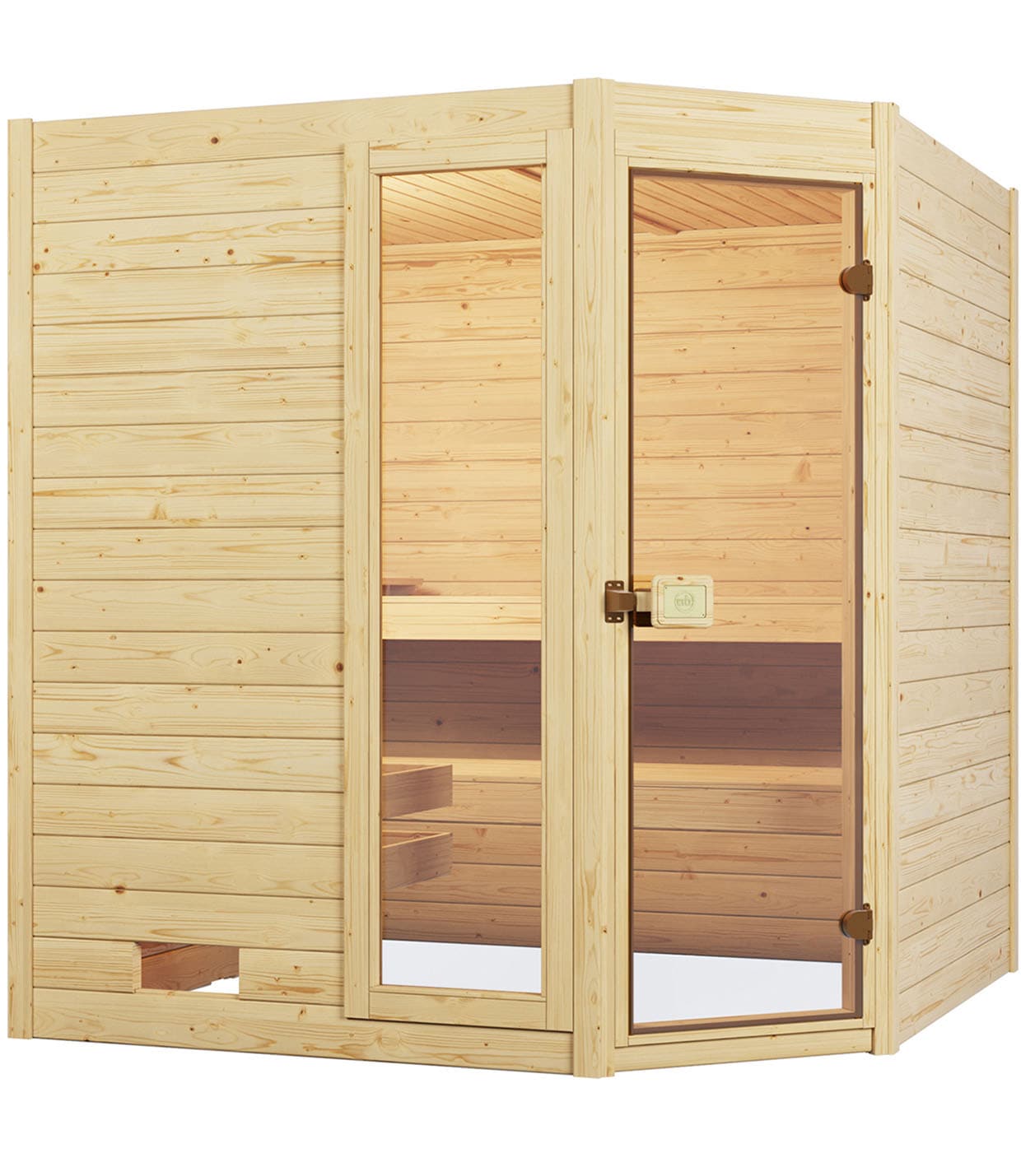 Sauna WEKA "Massivholzsauna VALIDA Eck 2", beige (natur), Bio-Ofen, externe Steuerung, 7,5 kW, Saunen, Blockbohlen, Fensterelement, moderne Ganzglastür