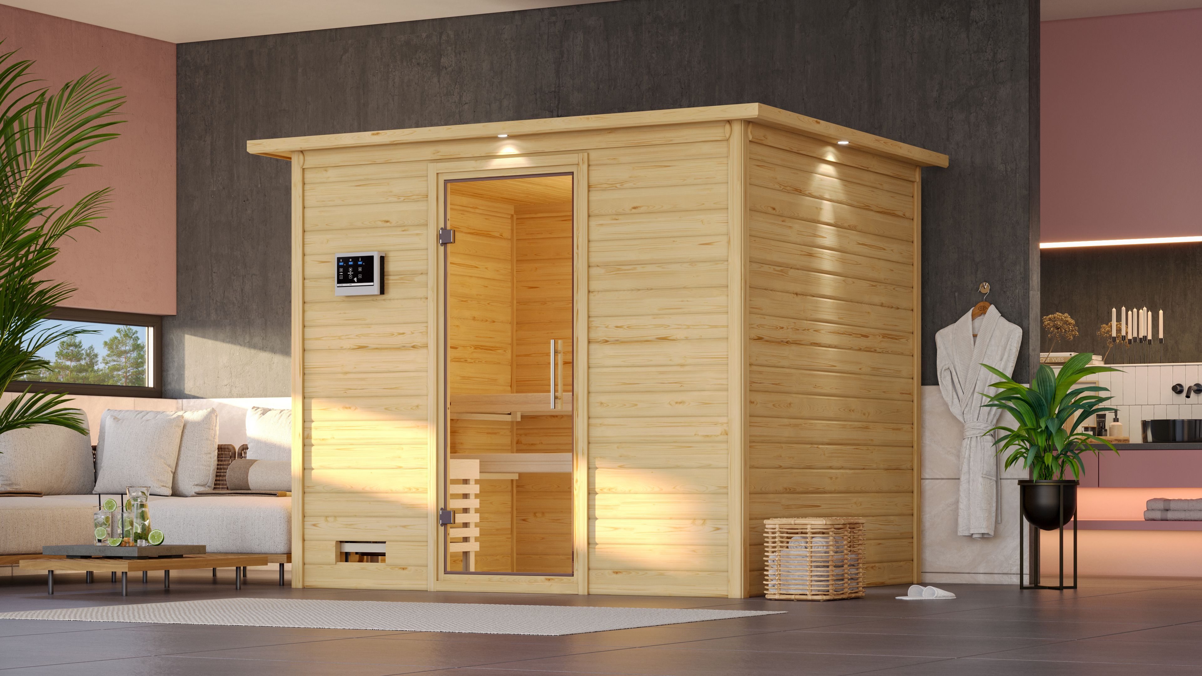 Sauna KARIBU "Soraja", beige (naturbelassen), Saunaofen, externe Steuerung, 9 kW, Saunen, Ofen 9 KW externe Strg easy