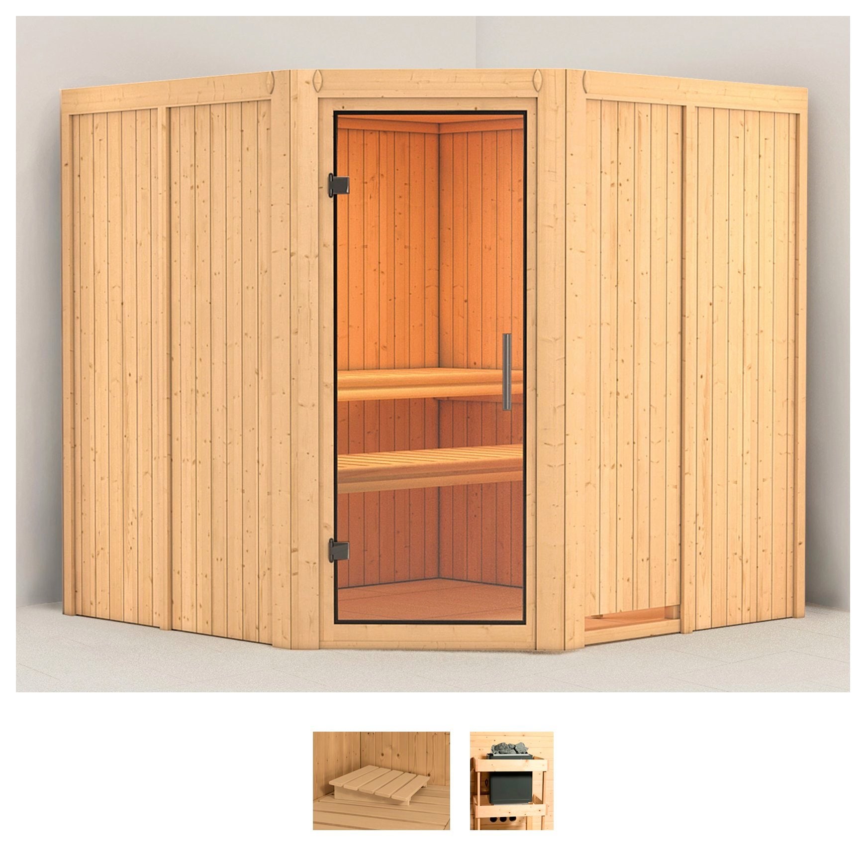 Sauna KARIBU "Jarin", beige (naturbelassen), ohne Ofen, (ohne Ofen), Saunen, ohne Ofen Image