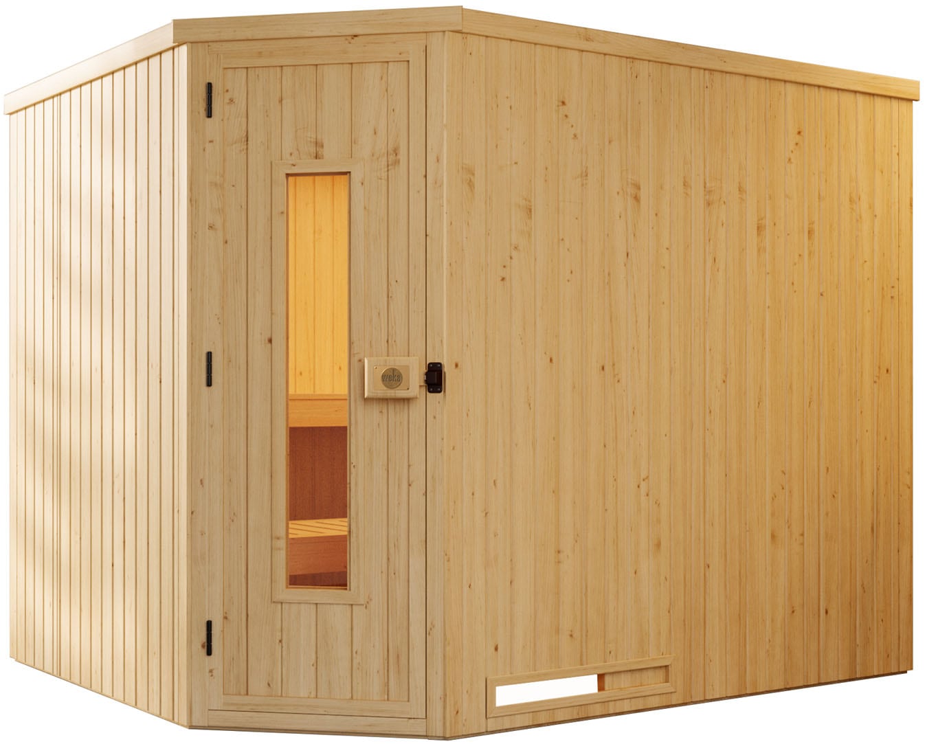 Sauna WEKA "Element-Ecksauna VARBERG 4", beige (natur), Saunaofen, externe Steuerung, 9 kW, Saunen, vorgefertigte Elemente, isolierte Holztür