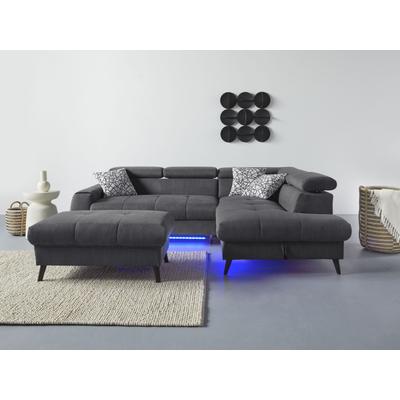 Ecksofa COTTA "Mia L-Form mit 3 Zierkissen", grau (dunkelgrau), B:244cm H:74cm T:193cm, 100% Polyester, Sofas, wahlweise mit Bettfunktion, Bettkasten, Beleuchtung & Wireless-Charger Image