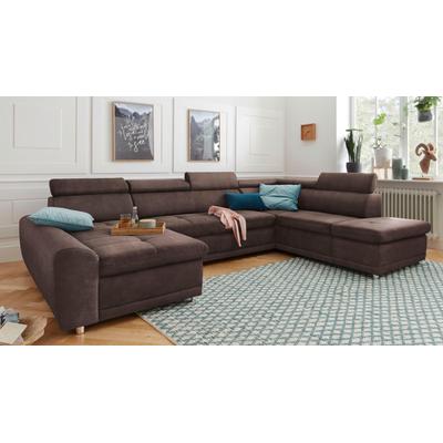 Wohnlandschaft SIT & MORE "Riva U-Form", braun, B:337cm H:92cm T:95cm, Struktur (100% Polyester), Flachgewebe (100% Polyester), Luxus-Microfaser (100% Polyester), Sofas, wahlweise mit Bettfunktion Image