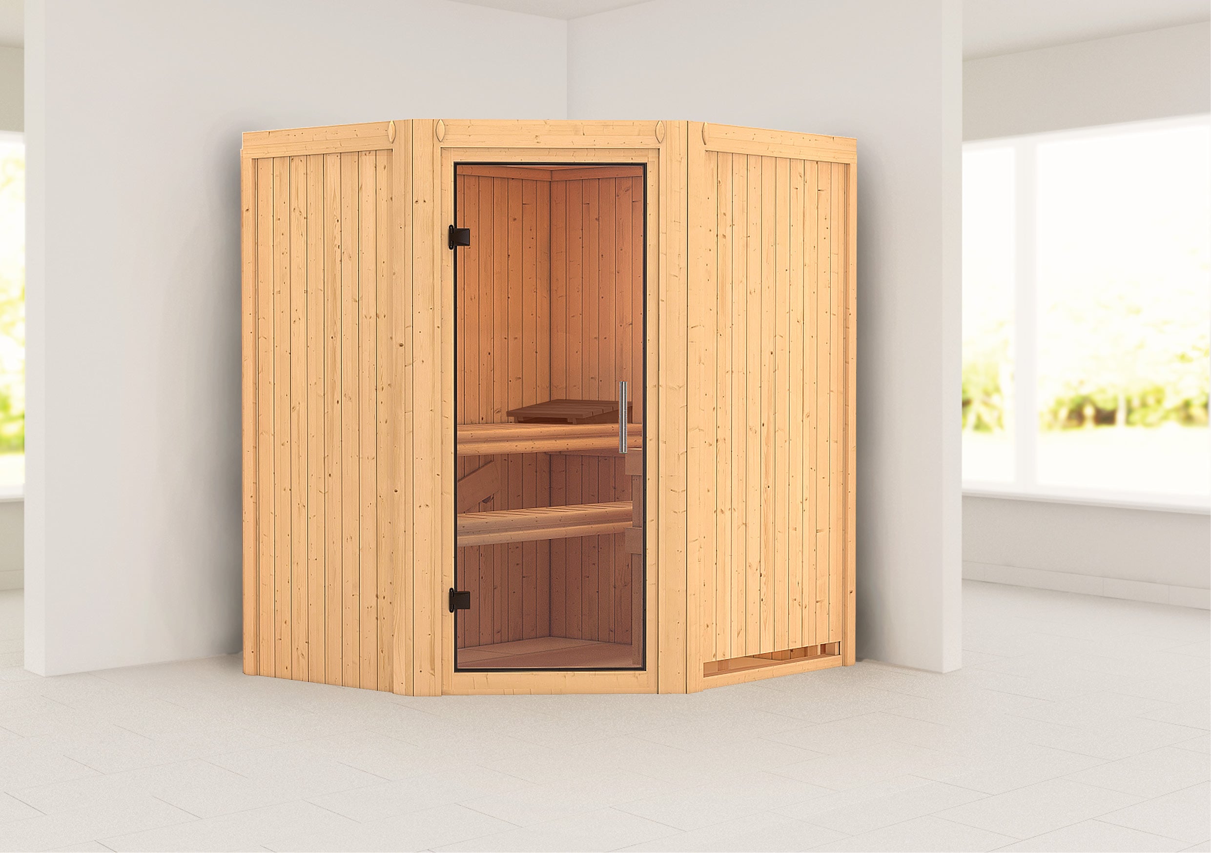 Sauna KARIBU "»Liyah« mit Klarglastür naturbelassen", beige (naturbelassen), ohne Ofen, ohne Steuerung, (ohne Ofen), Saunen, in verschiedenen Ausführungen erhältlich
