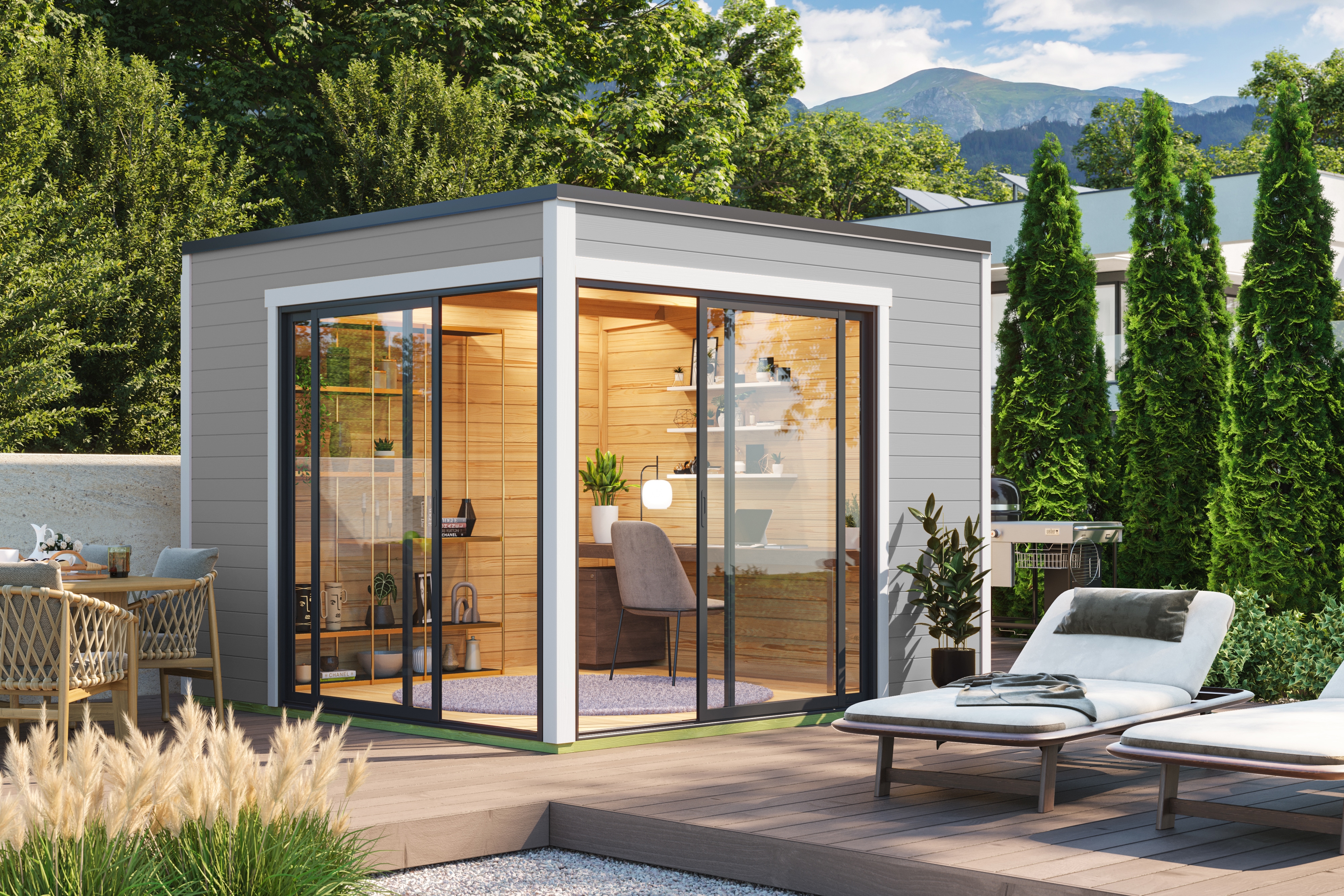 Gartenhaus NORDIC HOLZ "Palermo 3", grau (lichtgrau), Fußboden im Gartenhaus, Massivholzdach, Holz, Gartenhäuser, mit großen Glasflächen