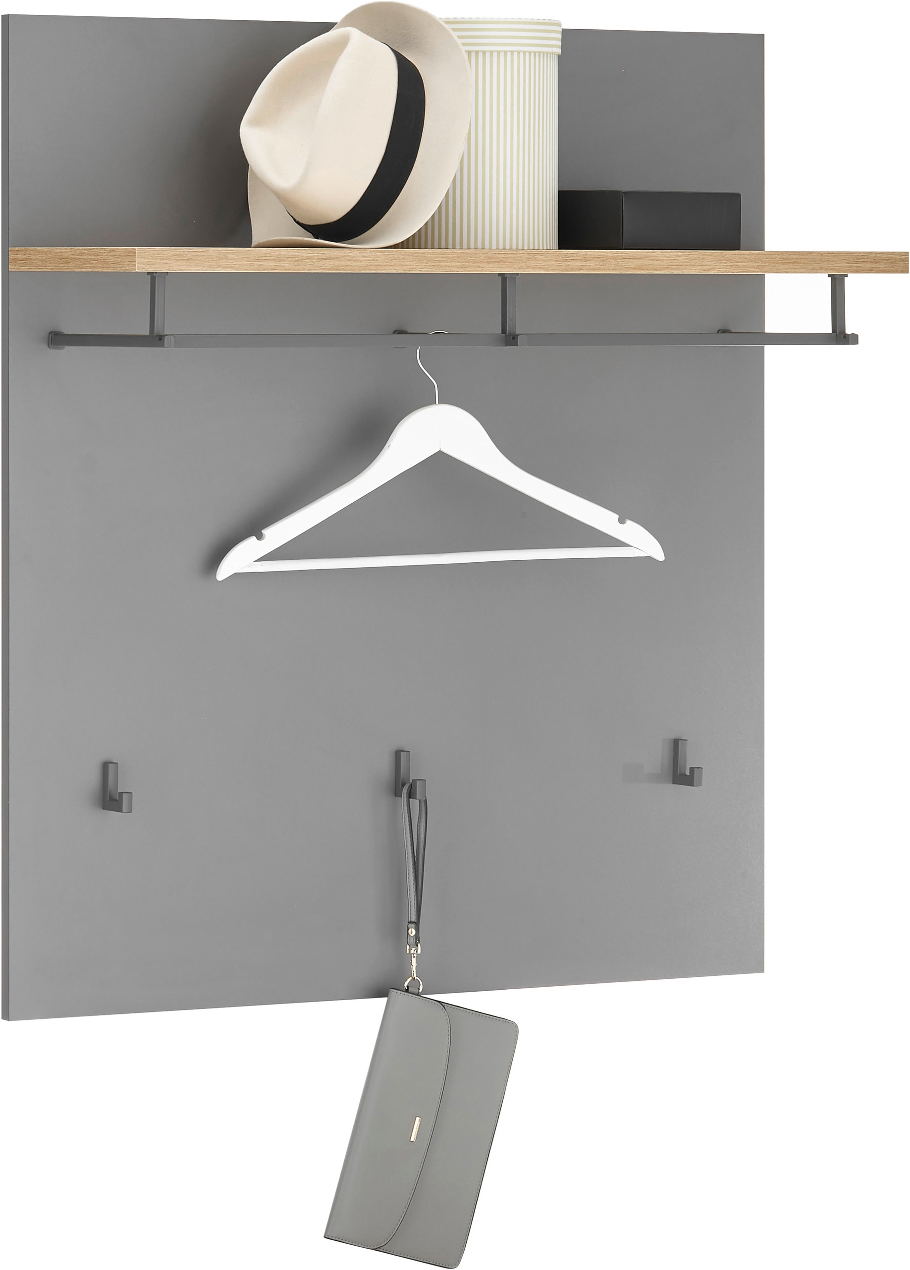 Garderobenpaneel HBZ "Milan Paneel breit, BxHxT 85x95x27 cm", grau (artisan eiche, grau), B:85cm H:95cm T:27cm, Holzwerkstoff, Garderobenpaneele, Garderobenpaneel, Paneel mit 1 Hutablage, 1 Kleiderstange, 3 Kleiderhaken