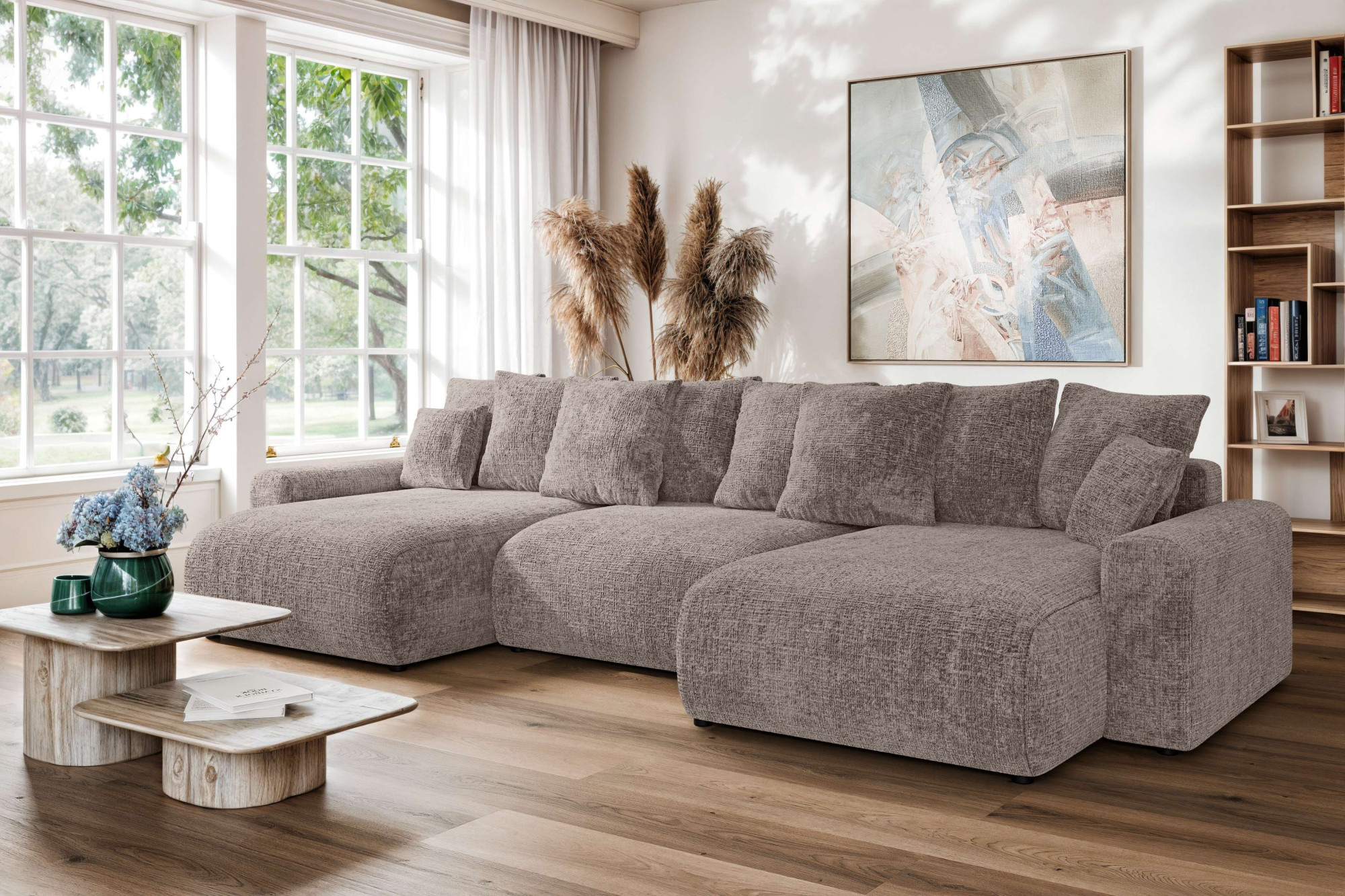 Wohnlandschaft HOME AFFAIRE "LAKESIDE mit Bettfunktion und Bettkasten, Maße B/T/H: 332,5/142/84 cm", beige (taupe), B:332,5cm H:84cm T:142cm, 100% Polyester, Sofas, Wohnlandschaft, U‑Form mit vielen Kissen und Wellenunterfederung