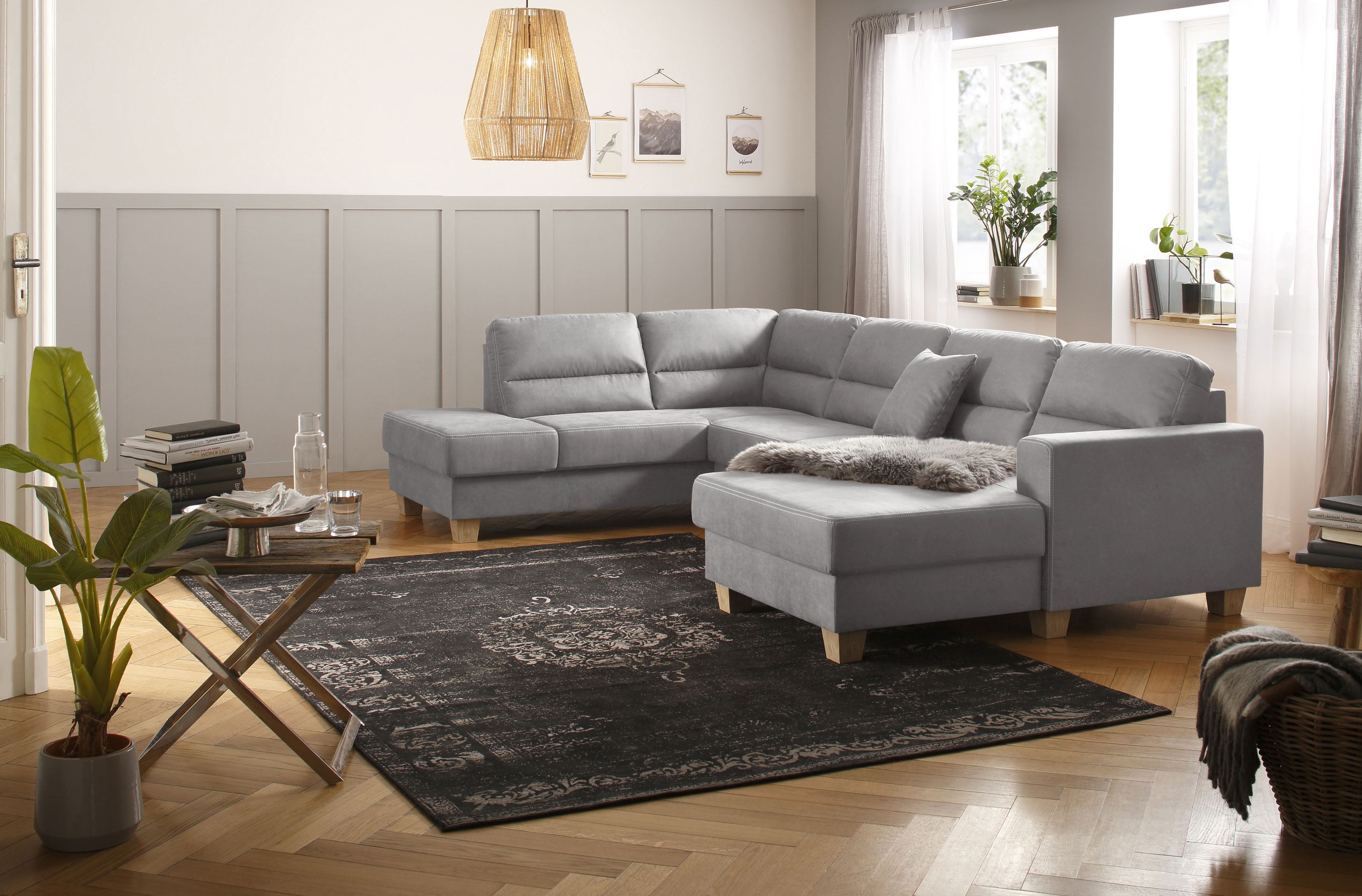 Wohnlandschaft HOME AFFAIRE "Navan, komfortabel mit viel Platz, U-Form", silber, B:313cm H:85cm, Sofas, Wohnlandschaft, wahlweise mit Bettfunktion und Kopfstütze