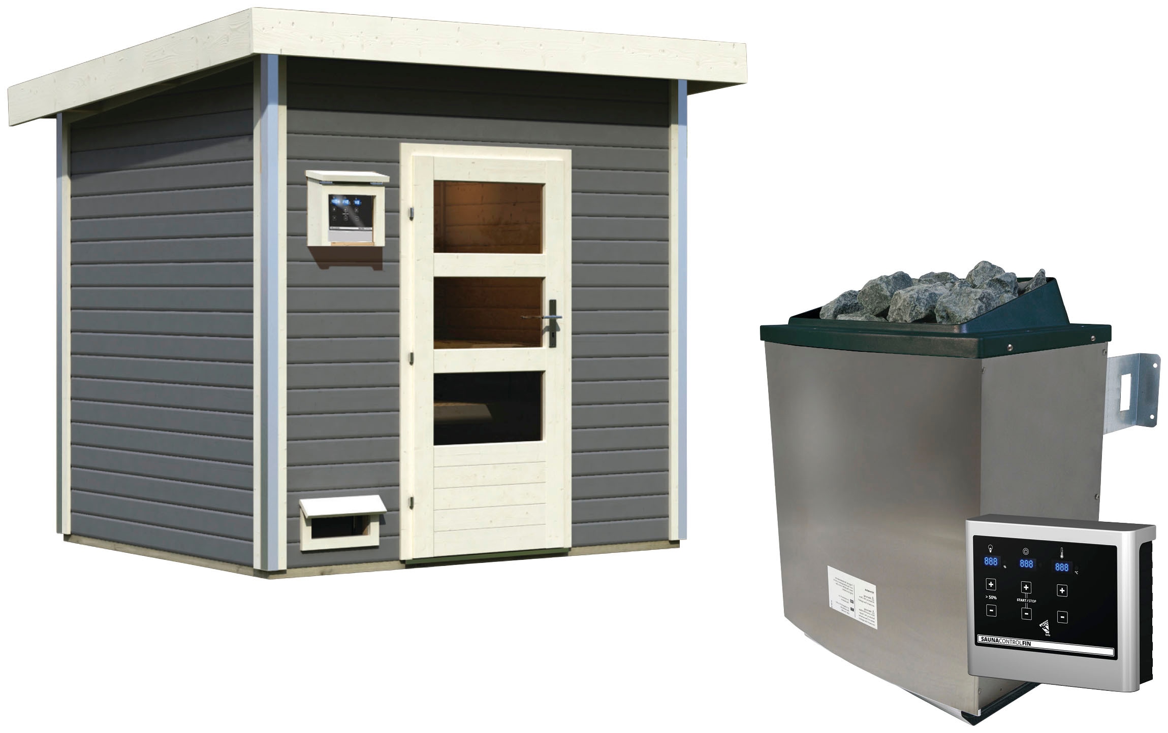 Saunahaus KARIBU "Ralf", grau (terragrau), Saunaofen, externe Steuerung, 9 kW, Saunen, moderne Tür, Ofen 9 kW mit externer Steuerung Image