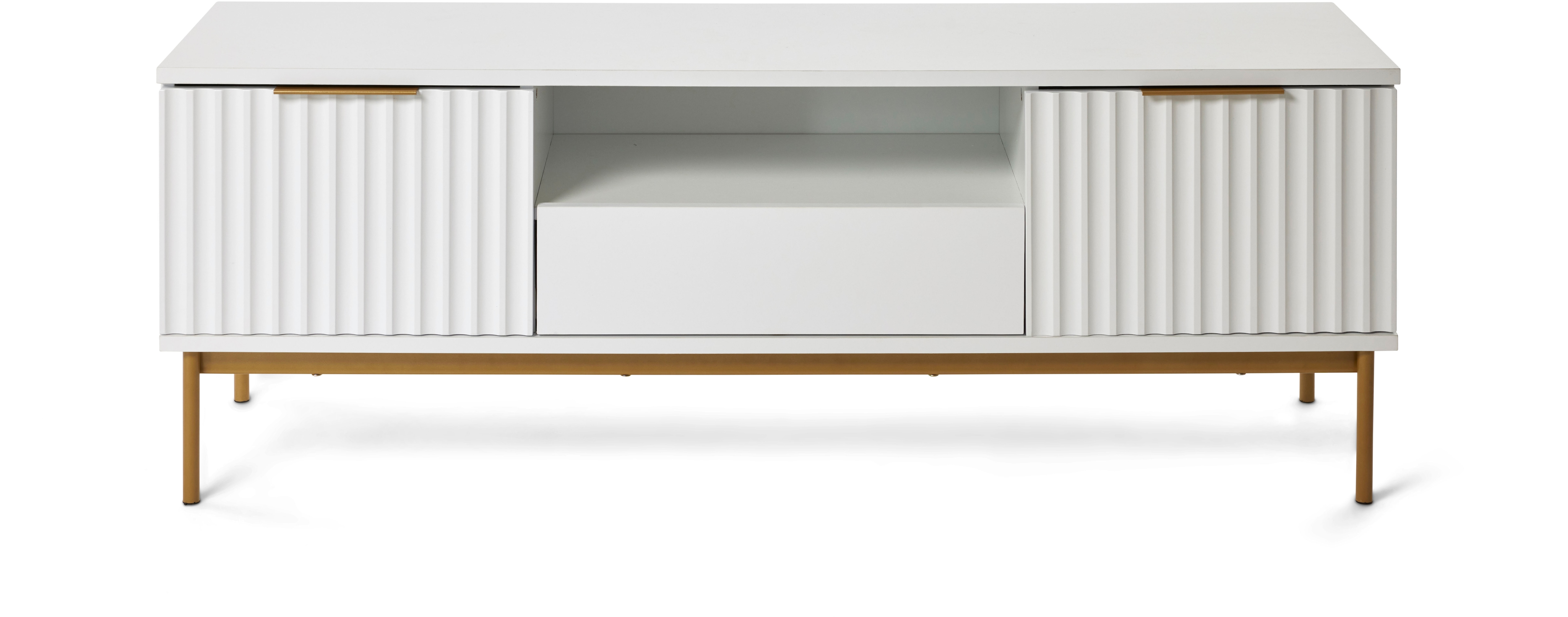 TV-Board JAHNKE "CARVE TV 140", gold (weiß, gold), B:140cm H:49,9cm T:39,6cm, Holzwerkstoff, Sideboards, TV-Board, Edle Gold-Applikationen, Fronten in Wellendesign, 140 cm