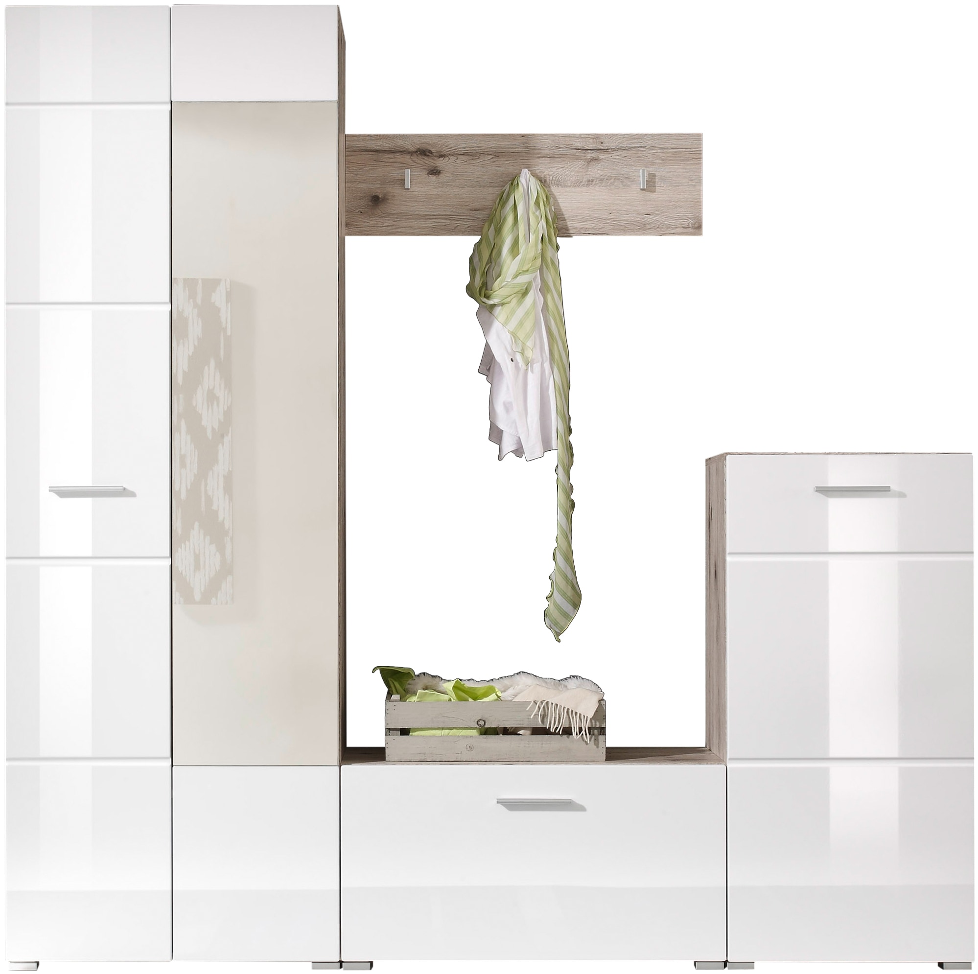 Kompaktgarderobe HBZ "SIXX Weiß Hochglanz, Flurgarderobe mit Spiegel, BxHxT 195x195x36 cm", weiß (sandeiche, weiß hochglanz tiefzieh), B:195cm H:195cm T:36cm, Holzwerkstoff, Schränke, Mit Hochschrank mit Spiegel, Bank, Paneel und Kommode