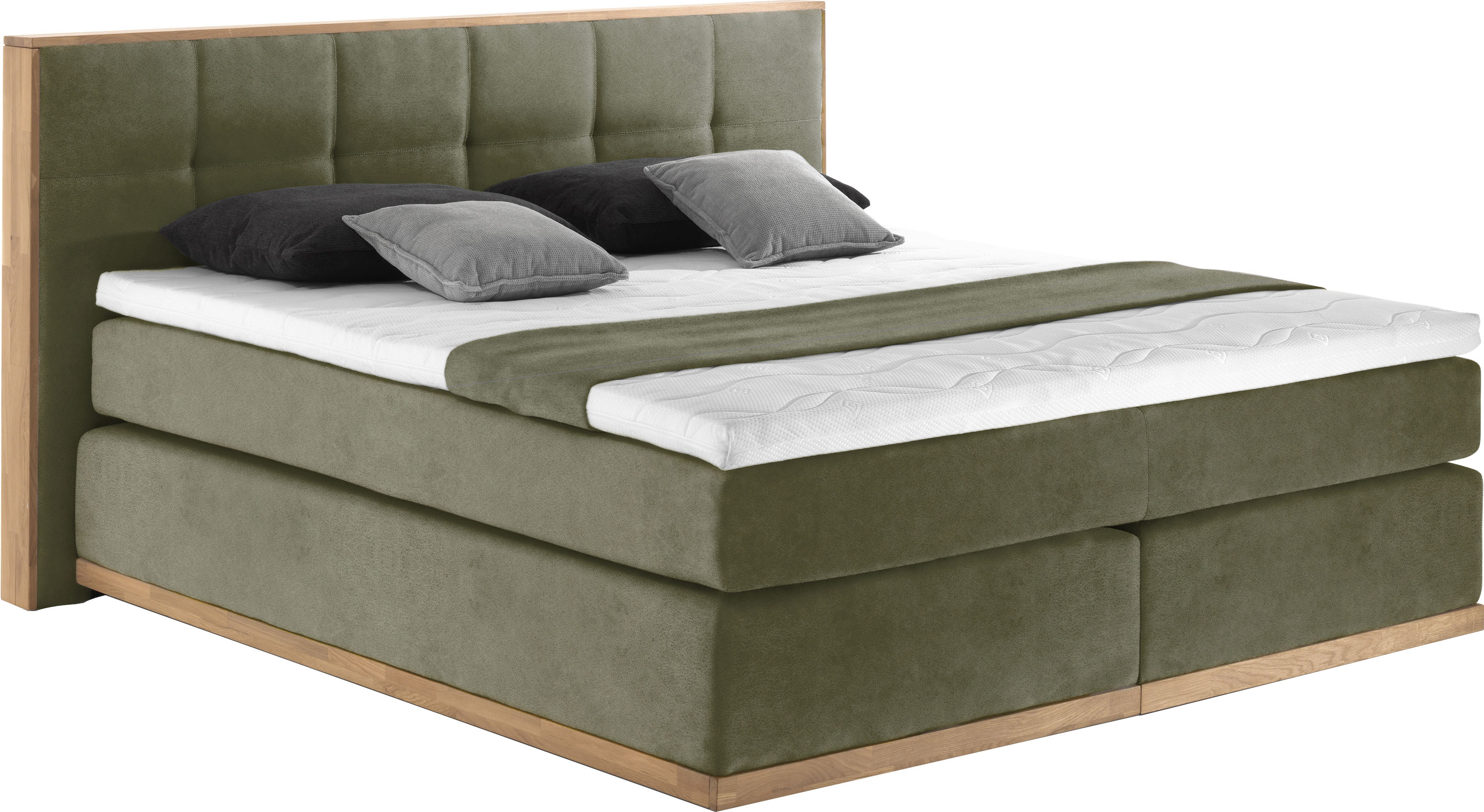 Boxspringbett PLACES OF STYLE "Vinton", grün (olive), B:220cm L:213cm, Komplettbetten, Boxspringbett, aus massiver Eiche, verschiedene Härtegrade (auch H4) Image
