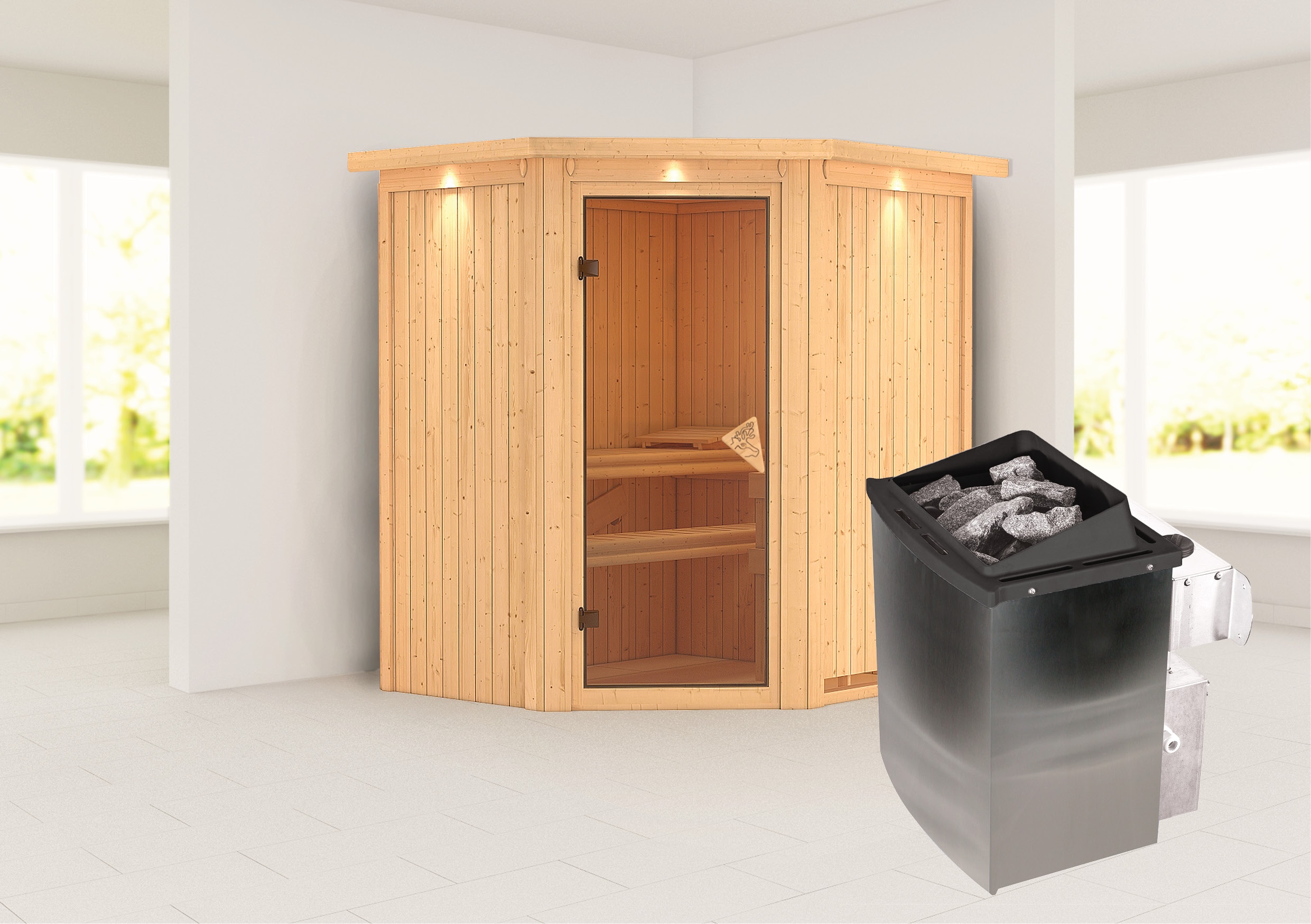 Sauna KARIBU "»Liyah« mit bronzierter Tür und Kranz naturbelassen", beige (naturbelassen), Saunaofen, integrierte Steuerung, (ohne Ofen), Saunen, in verschiedenen Ausführungen erhältlich