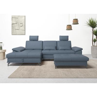 Ecksofa PLACES OF STYLE "Costello L-Form, mit Sitztiefenverstellung, Armteilverstellung und", blau (graublau), B:301cm H:89cm T:176cm, Luxus-Microfaser (90% Polyester, 10% Polyamid), Samtoptik (100% Polyester), Sofas, 3 Nierenkissen, optional... Image