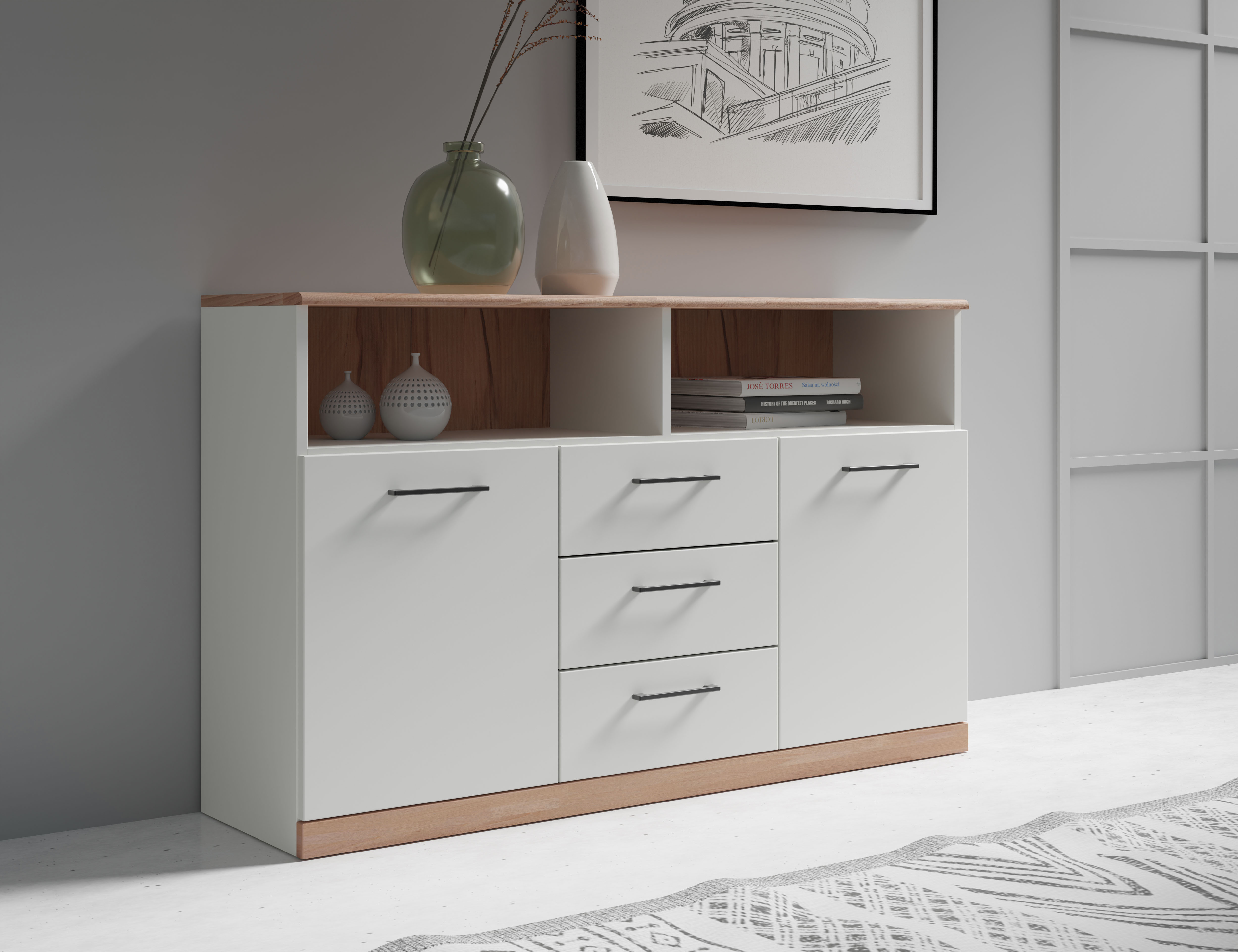 Sideboard HOME AFFAIRE "Ribe,130cm breit,80cm hoch,Oberplatte Holz massiv,6 Fächer", weiß (weiß, kernbuche), B:130cm H:80cm T:35cm, FSC-zertifizierter Holzwerkstoff, Massivholz, Sideboards, Oberplatte Kernbuche massiv,schwarze Metall Griffe