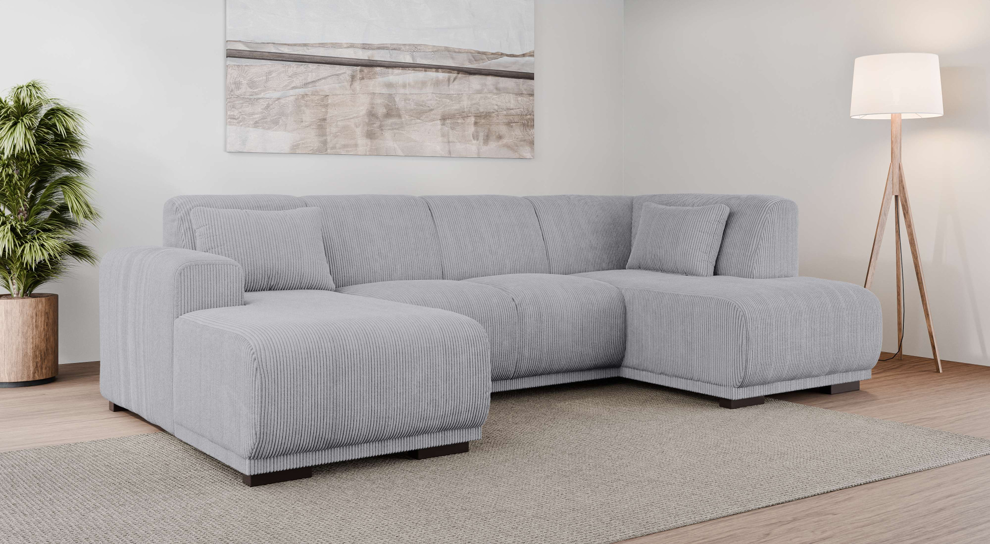 Wohnlandschaft HOME AFFAIRE "BORNHOLM U-Form mit Recamiere rechts/links, B/T/H: 300/162/85 cm", grau (hellgrau), B:300cm H:85cm T:162cm, 100% Polyester, Sofas, Wohnlandschaft, U-Form mit Wellenunterfederung, Recamiere rechts oder links bestellbar