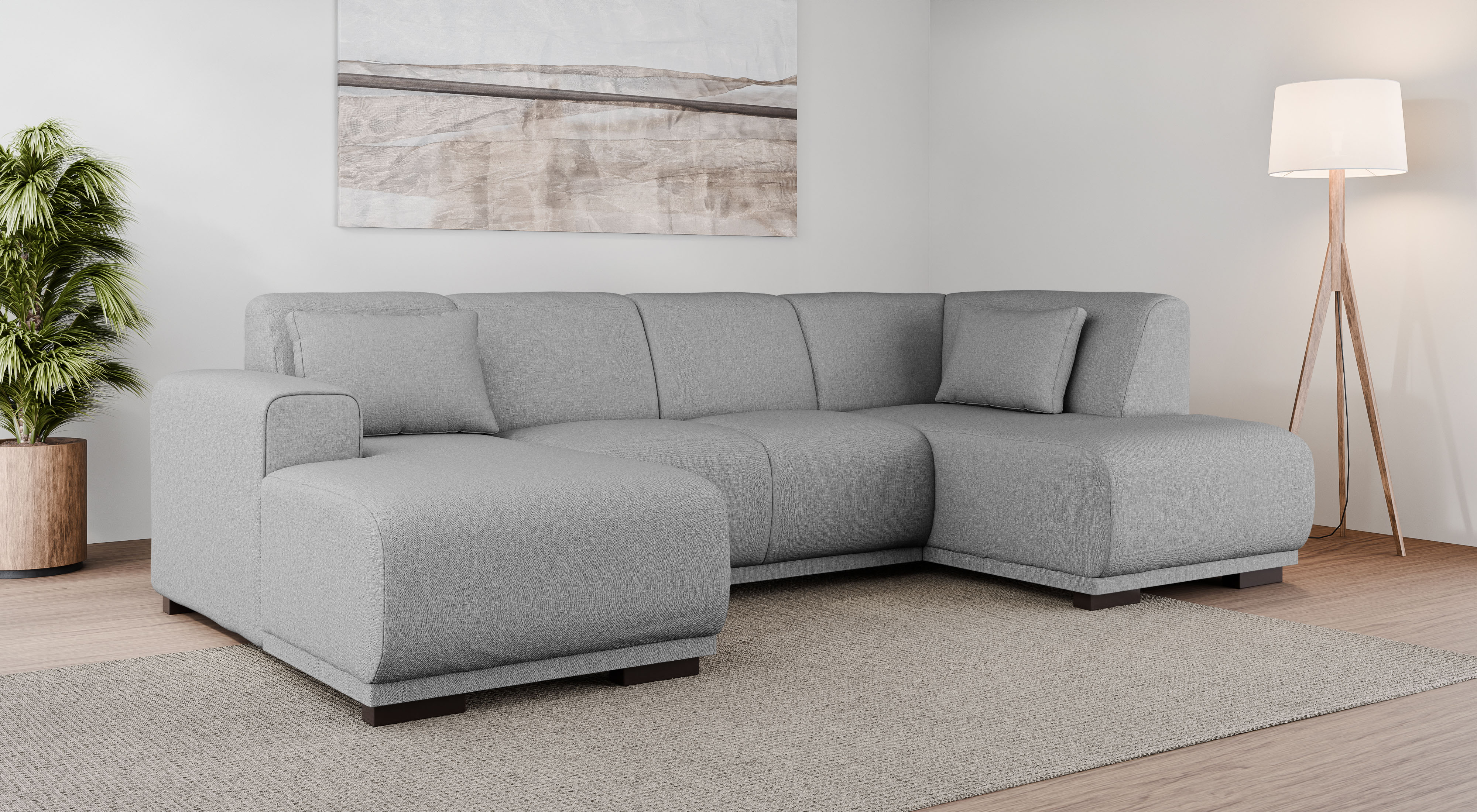 Wohnlandschaft HOME AFFAIRE "BORNHOLM U-Form mit Recamiere rechts/links, B/T/H: 300/162/85 cm", grau (hellgrau), B:300cm H:85cm T:162cm, 100% Polyester, Sofas, Wohnlandschaft, U-Form mit Wellenunterfederung, Recamiere rechts oder links bestellbar