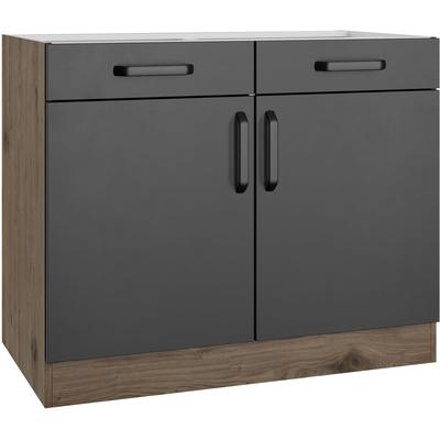 Unterschrank WIHO KÜCHEN "Elba", schwarz (front: schwarz, korpus: halifax eiche braun), B:100cm H:82cm T:57cm, Holzwerkstoff, Schränke, Breite 100 cm Image