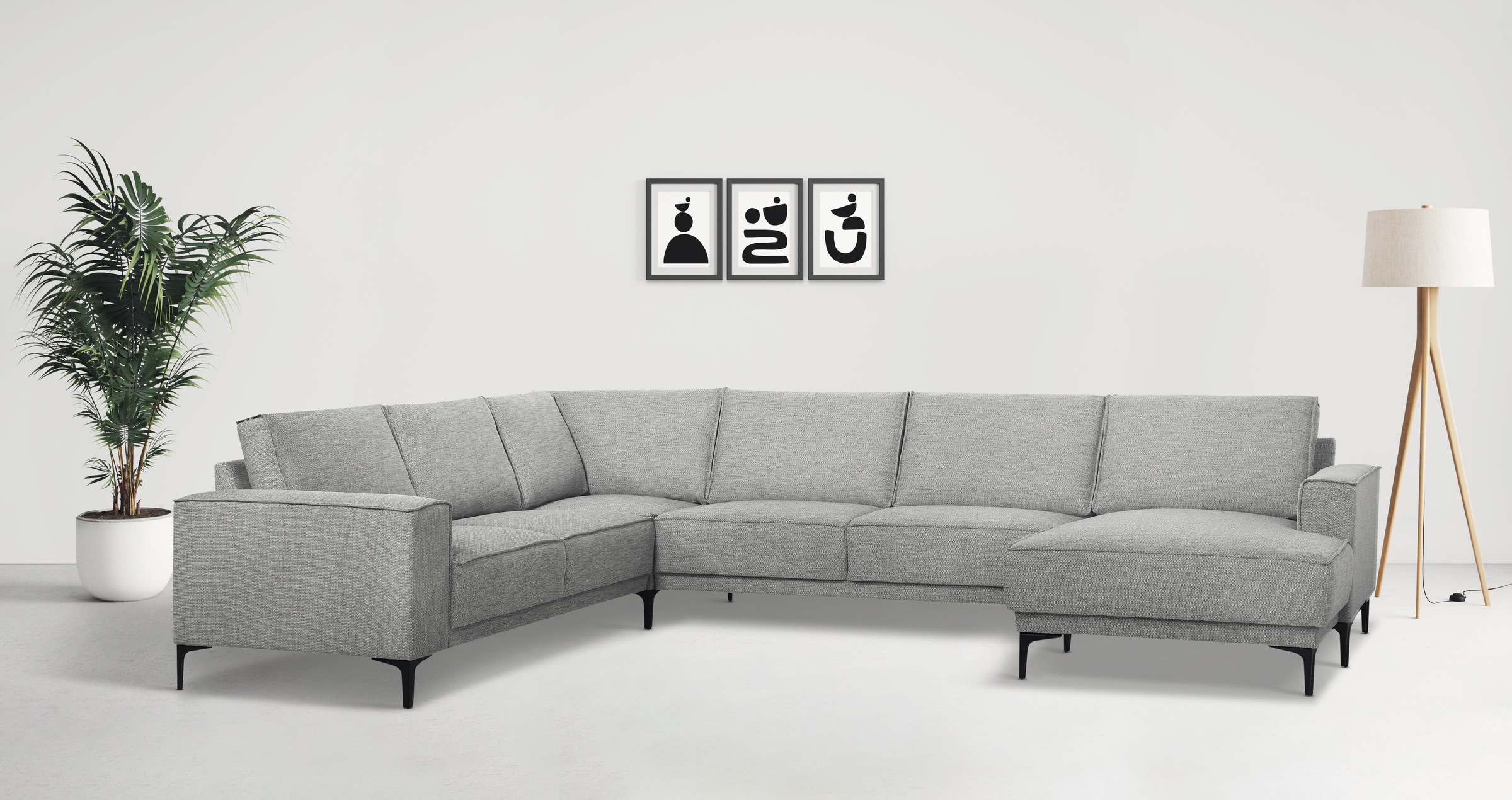 Wohnlandschaft PLACES OF STYLE "XXL Sofa Oland, Struktur, Flachgewebe, Luxus-Microfaser, Boucle", grau, B:342cm H:85cm T:260cm, 100% Polyester, Sofas, U-Form, 342 cm, Wellenunterfederung, Skandi-Design, Metallfüße Image