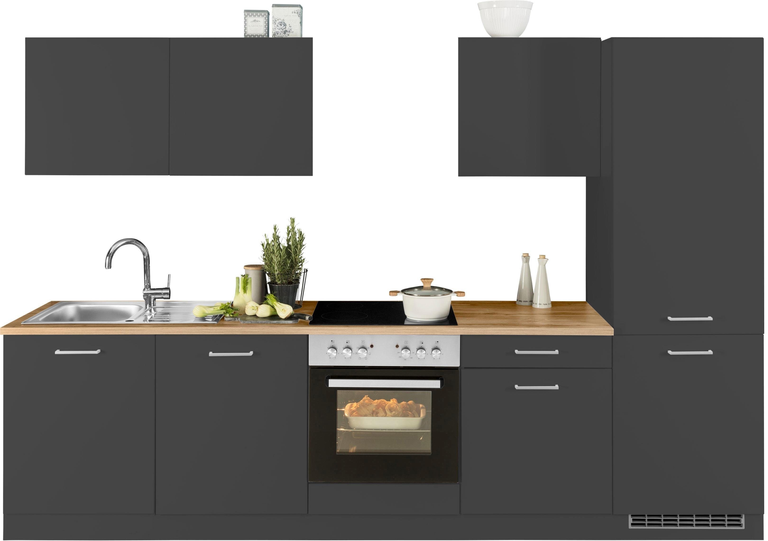 Küchenzeile KOCHSTATION "KS-Kehl", grau (küche: grau, korpus: grafit, arbeitsplatte: wotaneichefarben), B:300cm T:60cm, Komplettküchen-Sets, ohne E-Geräte, Breite 300 cm, für Kühl/Gefrierkombination Image