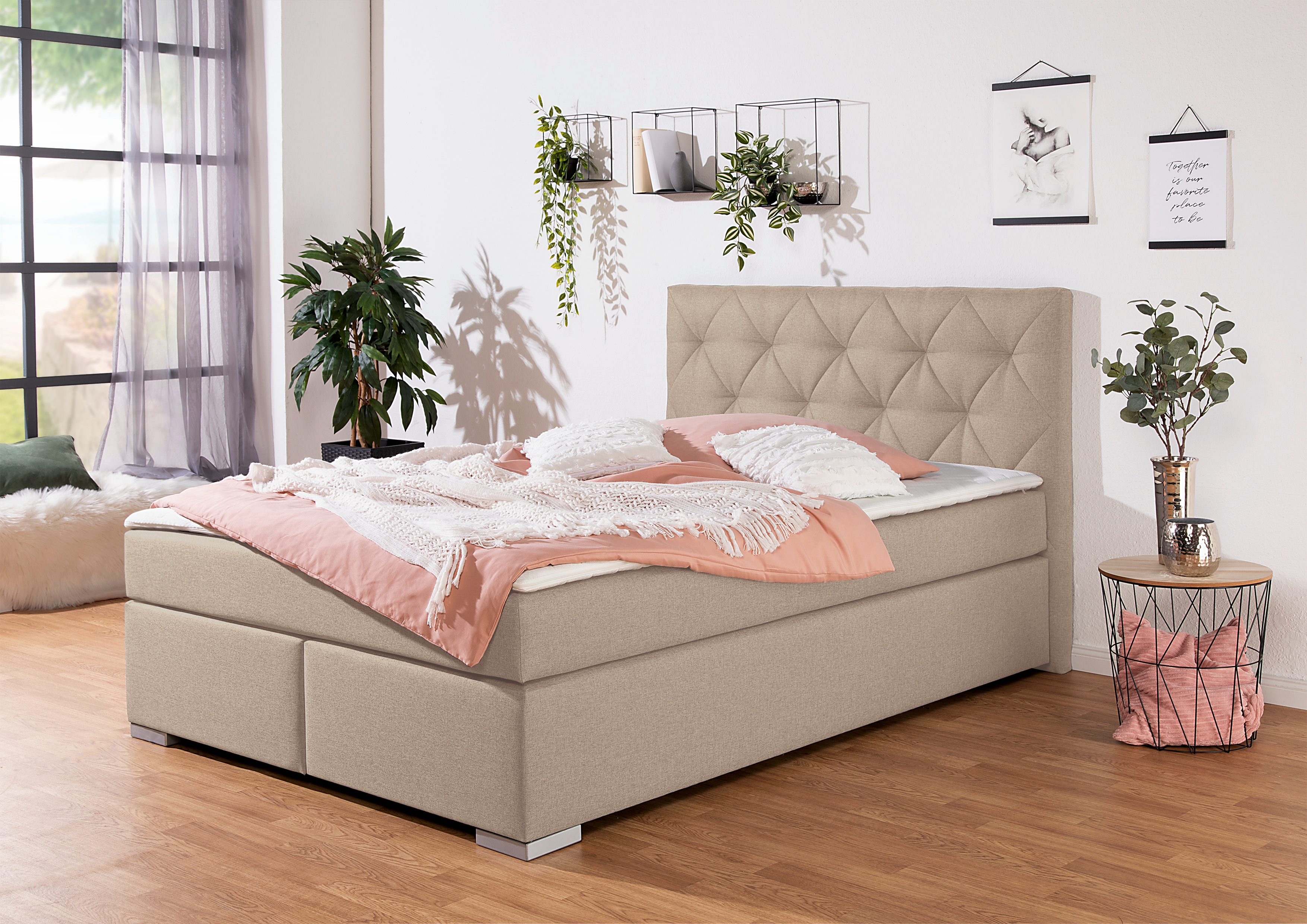 Boxbett INOSIGN "Tynan", beige (beige, creme), B:154cm L:210cm, Komplettbetten, Boxspringbett, wahlweise mit Bettkasten, in H2, H3 & H4 erhältilich Image