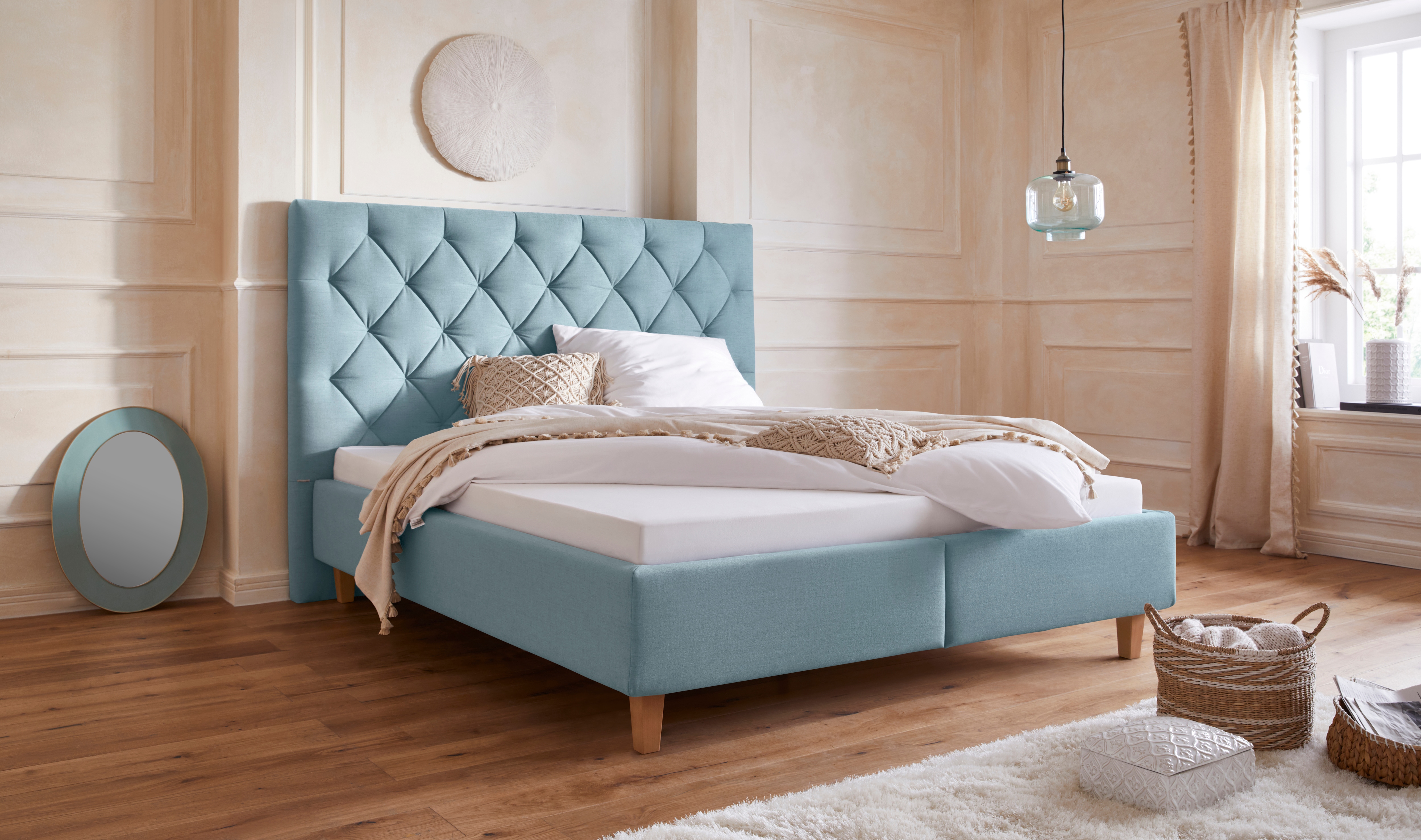 Polsterbett HOME AFFAIRE "Sunley 140", grün (mint), B:183cm L:210cm, Struktur (100% Polyester);Samtstoff (100% Polyester), Betten, Kreuzsteppung, Kopfteilhöhe 142 cm, ohne oder mit Matratze/Lattenrost Image