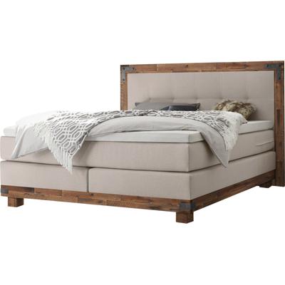 Boxspringbett HASENA "Chicago", beige (beige, akazie grau), B:158cm L:206cm, Komplettbetten, Boxspringbett, im Vintagelook mit Punktsteppung im Kopfteil, Massivholz-Umrandung Image