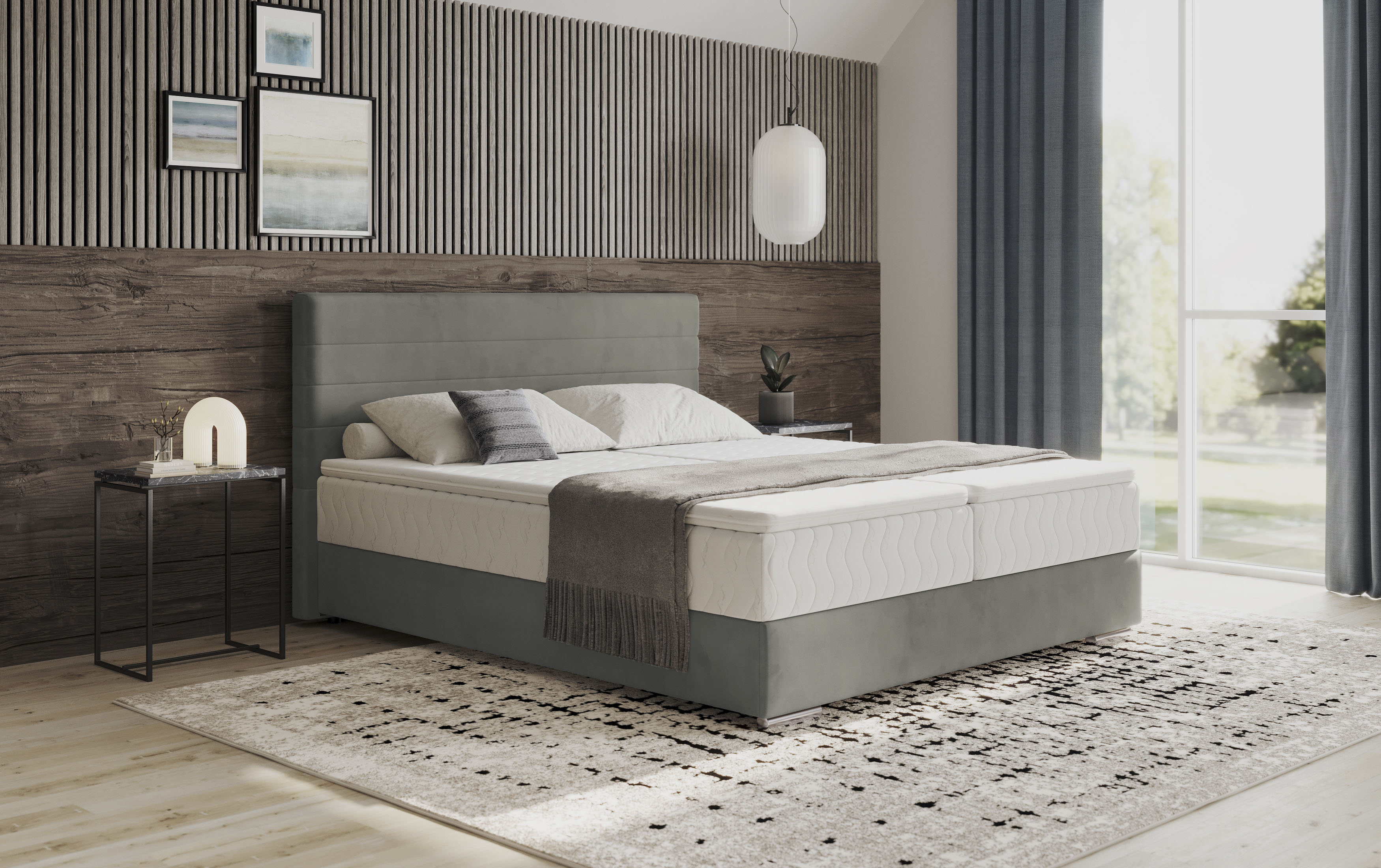 Boxbett MR. COUCH "Stratus 2", grau (velvet 91 stone), B:187cm L:211cm, 100% Polyester, Komplettbetten, Boxspringbett, inkl. Bettkasten und Matratze