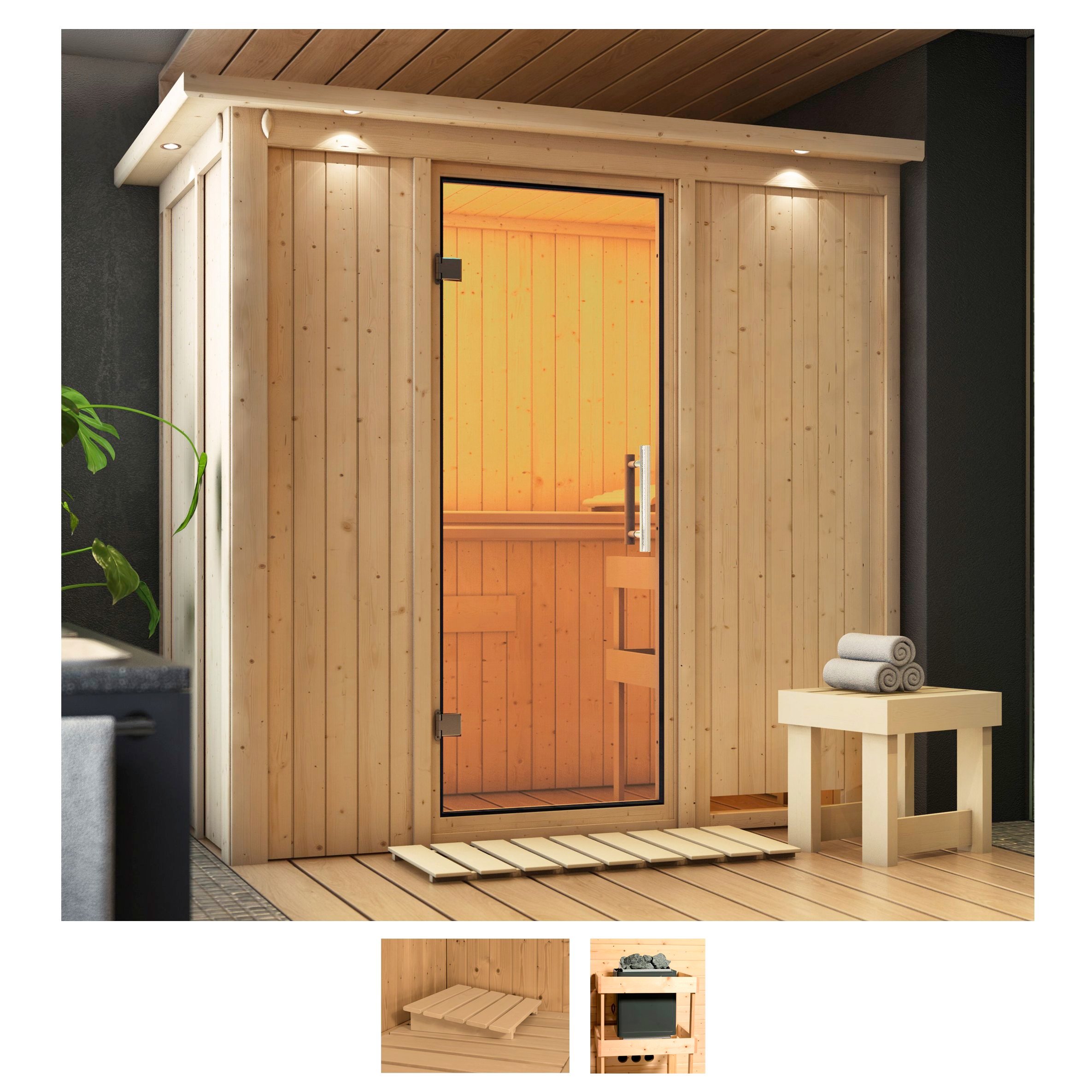 Sauna KARIBU "Vada", beige (naturbelassen), ohne Ofen, (ohne Ofen), Saunen, ohne Ofen Image