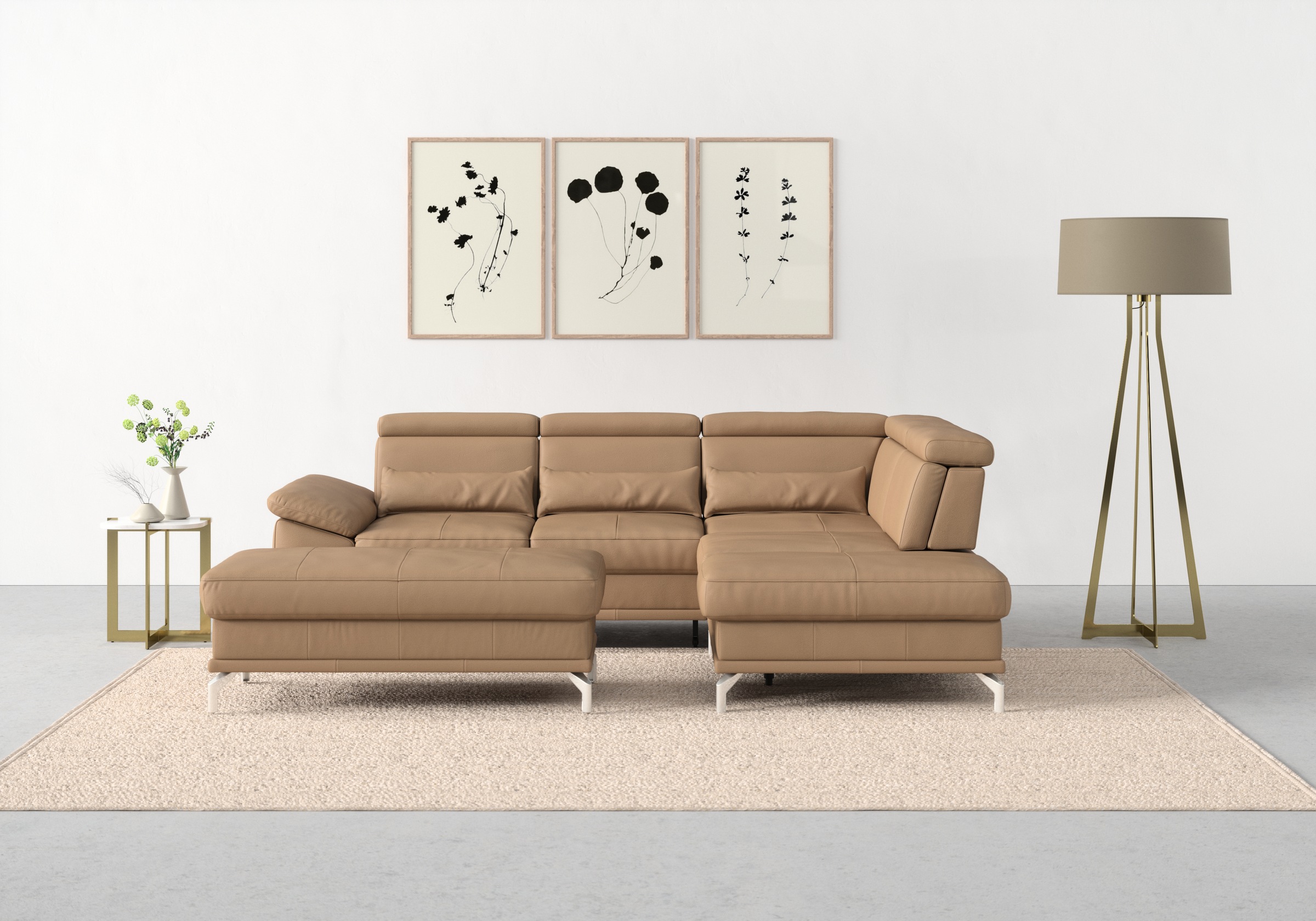Ecksofa SIT & MORE "Cabrio L-Form, B: 274 cm, mit Sitztiefen-, Arm- & Kopfteilverstellung", braun (cappucino), B:274cm H:87cm T:230cm, Sofas, 3 Nierenkissen, Federkern, optional Bettfunktion und Stauraum Image