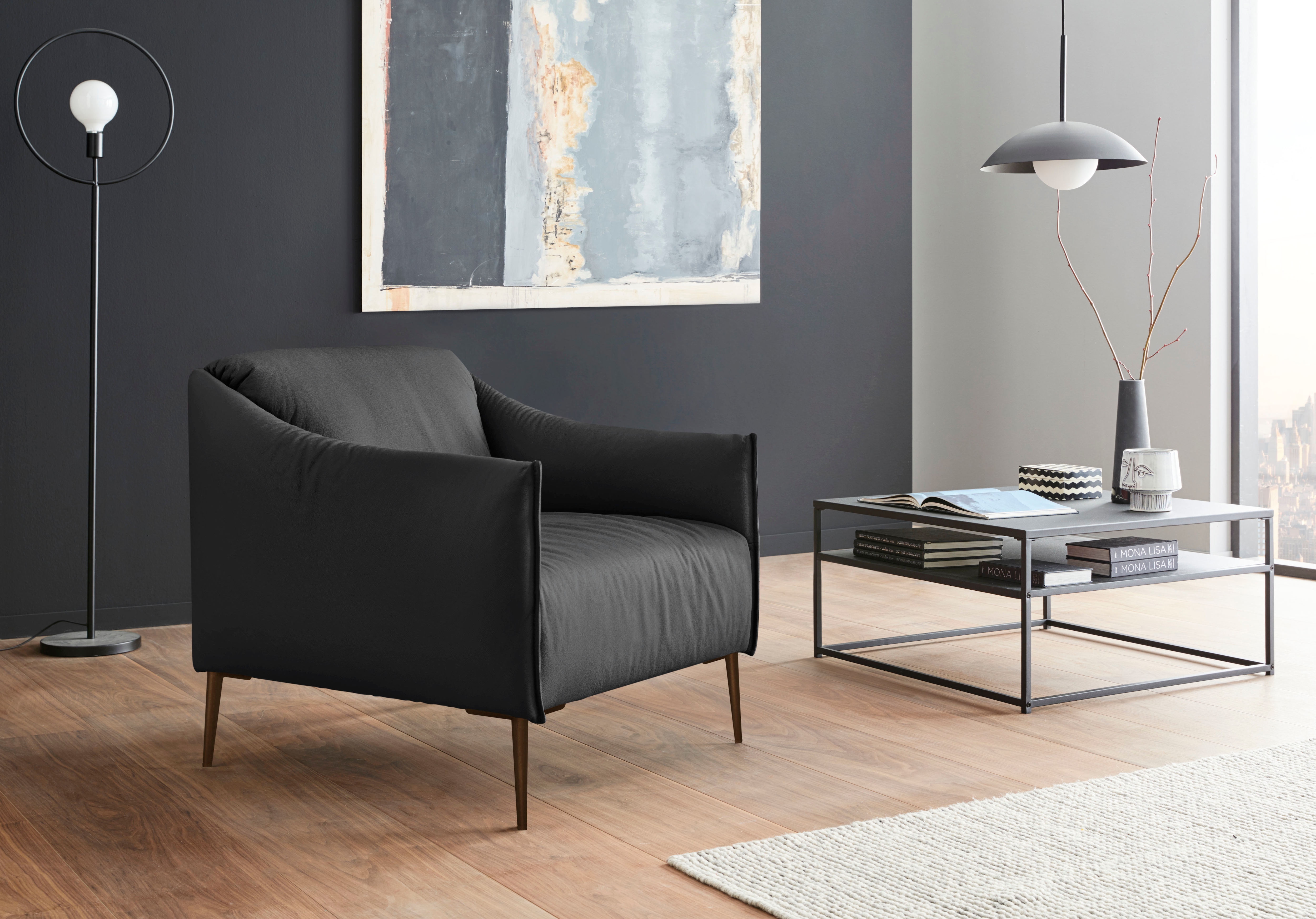 Cocktailsessel W.SCHILLIG "sally", schwarz (schwarz z59), B:84cm H:78cm T:84cm, Longlife Xtra-Leder Z59: Glattleder mit modischer Prägung. Hautstärke 0, 9 - 1, 1 mm., Sessel, mit Metallfüßen in Bronze pulverbeschichtet