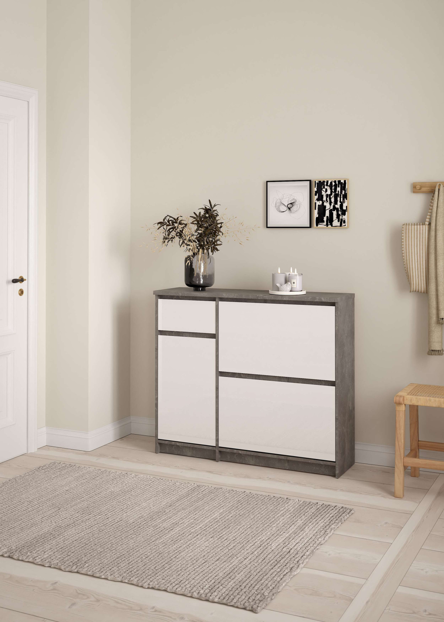 Schuhschrank INOSIGN "Naia Schuhaufbewahrung, Schuhkommode, Schuhregal, Modernes Design", grau (beton, weiß hochglanz), B:108,9cm H:92,9cm, Spanplatte, Schränke, Schuhschrank, mit 2 Klappen und 1 Tür und 1 Schublade, Praktisch, Breite 109 cm