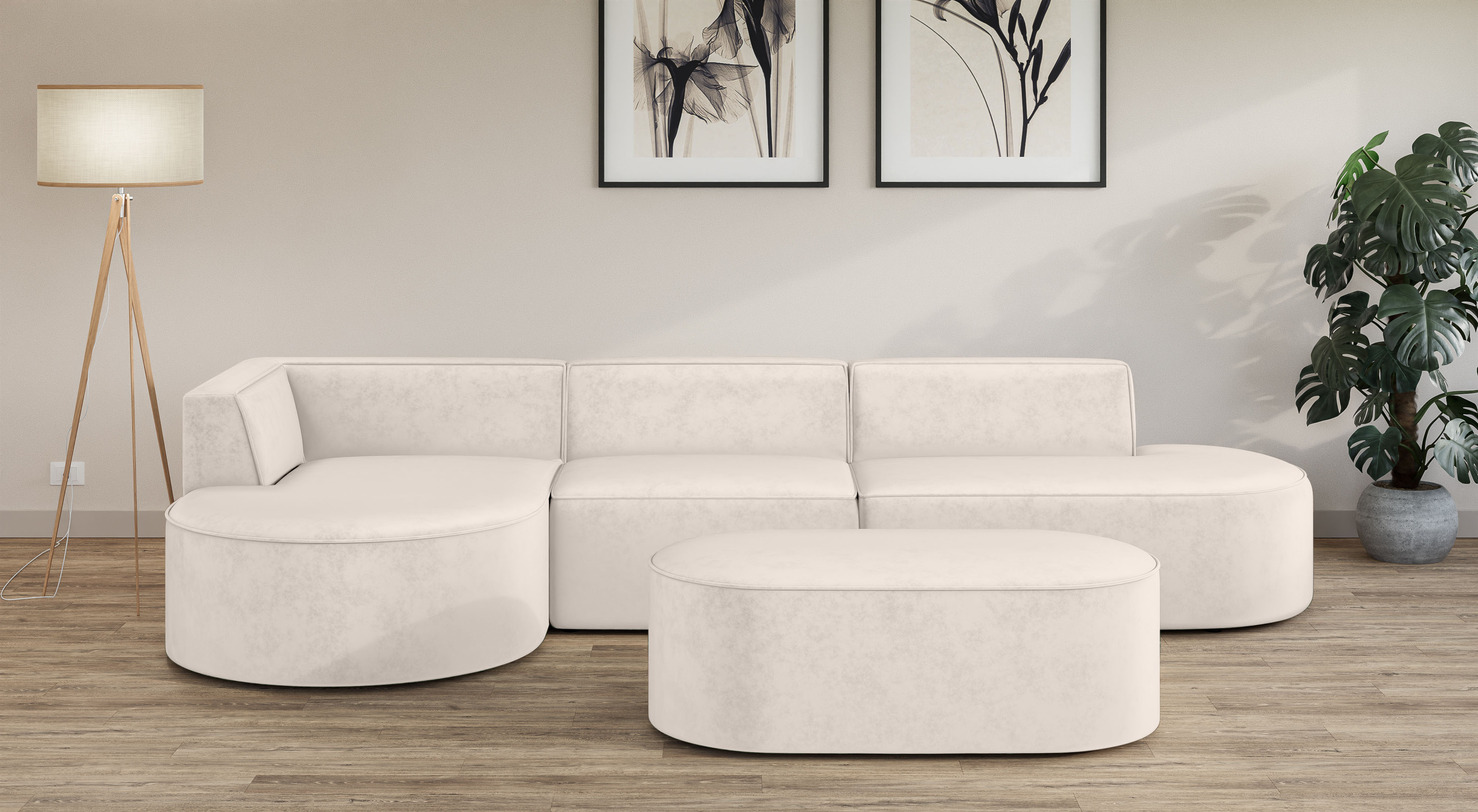 Ecksofa ANDAS "EIVIND Designer Sofa mit Ottomane rechts/links, B/T/H: 343/159/72 cm", beige, B:343cm H:72cm T:159cm, 100% Polyester, Sofas, L-Form mit Wellenunterfederung, auch in Feincord und Bouclé