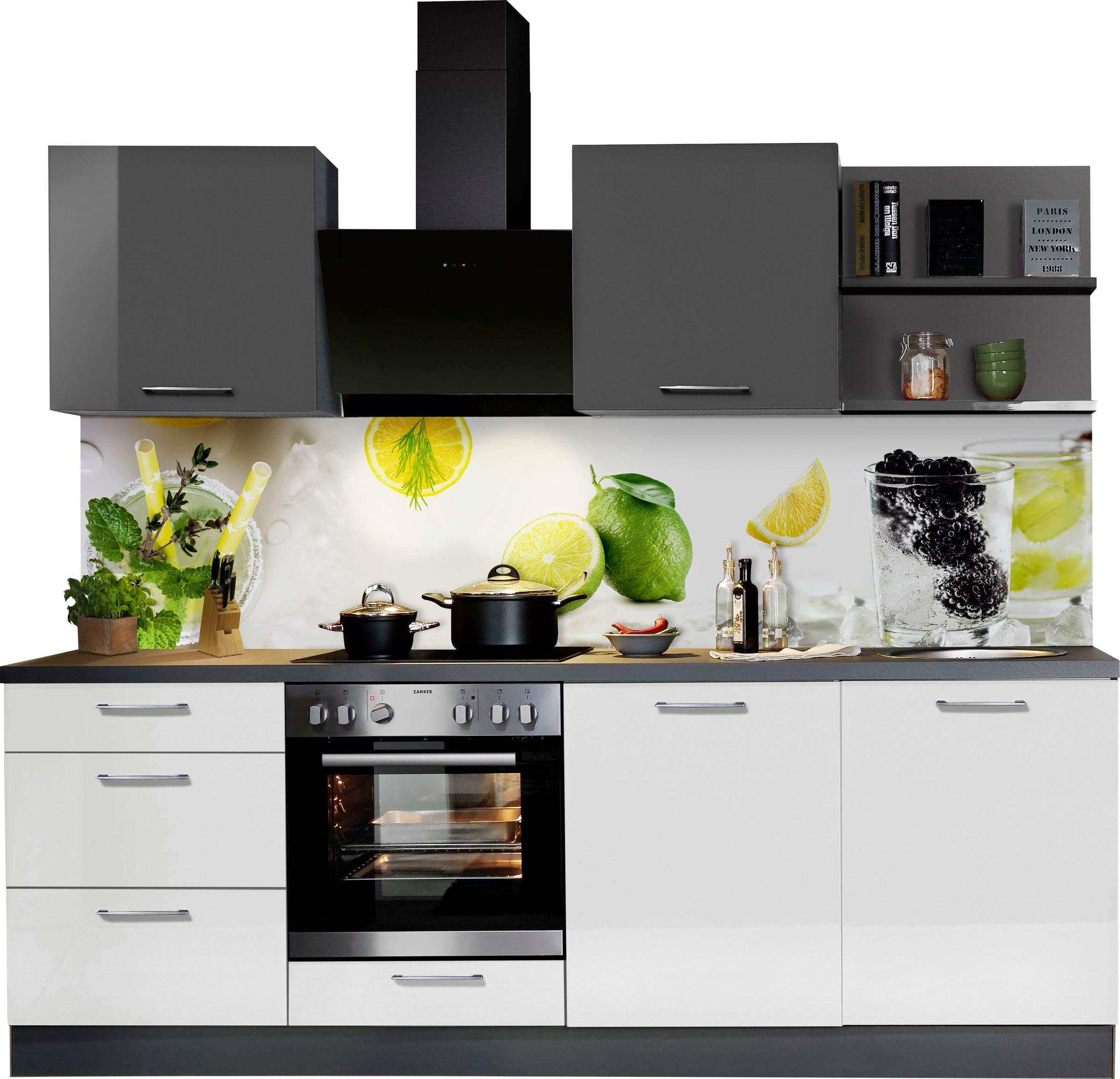 Küchenzeile KOCHSTATION "KS-Jena", vormontiert", küche: grau, korpus: anthrazit, arbeitsplatte: anthrazit, B:240cm T:60cm, Komplettküchen-Sets, Küchenzeile, mit Soft-Close-Funktion, Stellbreite 240 cm, wahlw. mit E-Geräten Image