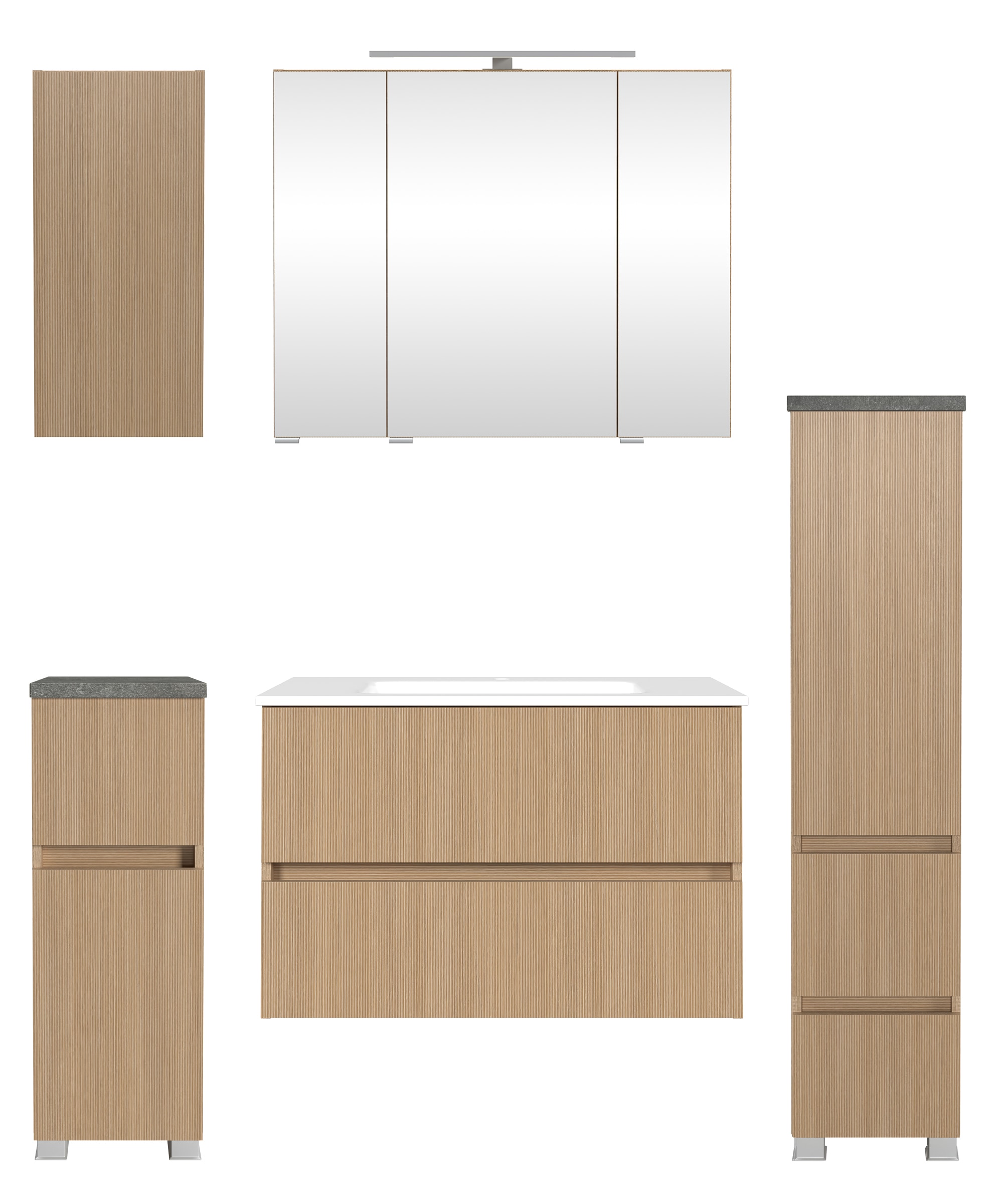 Badmöbel-Set WELLTIME "EIXO, 5tlg.-Set: Spiegelschrank, Waschtisch und Beimöbel", braun (eiche hell), B:140cm H:200cm T:47cm, Holzwerkstoff, Kastenmöbel-Sets, Badmöbel-Set, Set 140 cm breit, Badmöbel mit LED-Beleuchtung