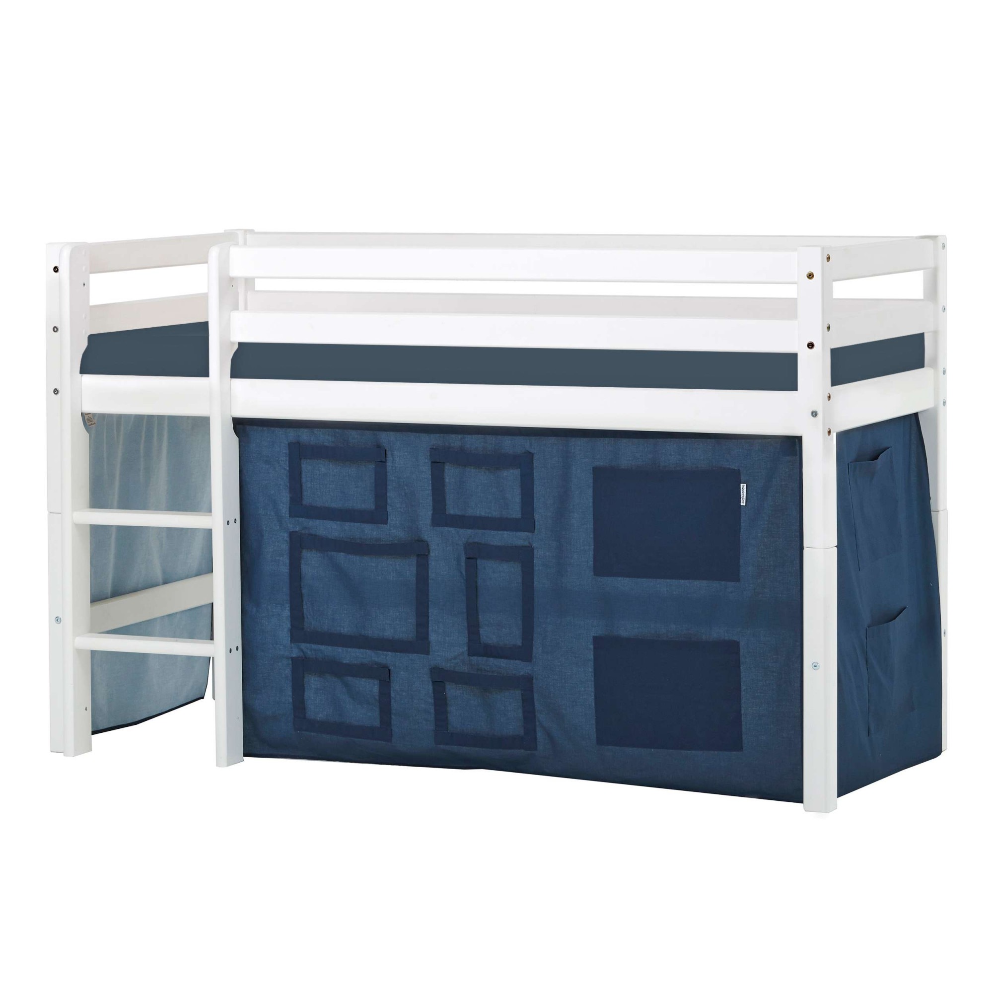 Hochbett HOPPEKIDS "ECO Dream, Kinderbett, Spielbett, Halbhohes Bett aus Massivholz", blau (weiß, creator blau), B:81cm H:105cm L:168cm, Kinderbett: 100% Massivholz: Nordische Kiefer, Vorhang: 100% Baumwolle, Matratzenbezug 100% Baumwolle, Matratze:...