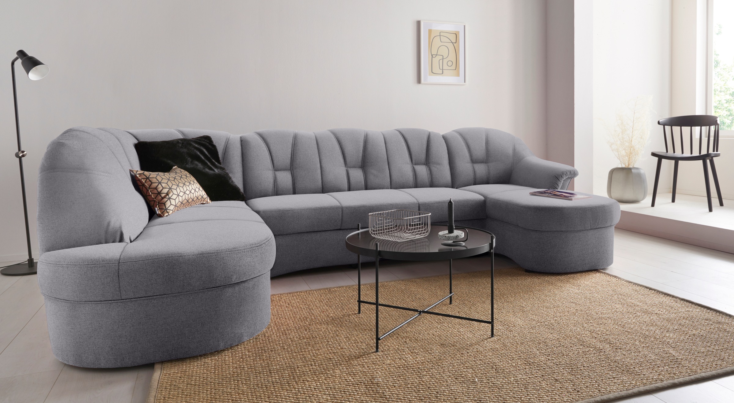 Wohnlandschaft DOMO COLLECTION "Papenburg U-Form", grau, B:297cm H:84cm T:180cm, Struktur ( 90% Polyester, 10% Polyacryl);Microfaser PRIMABELLE (100% Polyester);Kunstleder SOFTLUX;Luxus-Microfaser (100% Polyester);Chenille-Optik (95% Polyester, 5%... Image