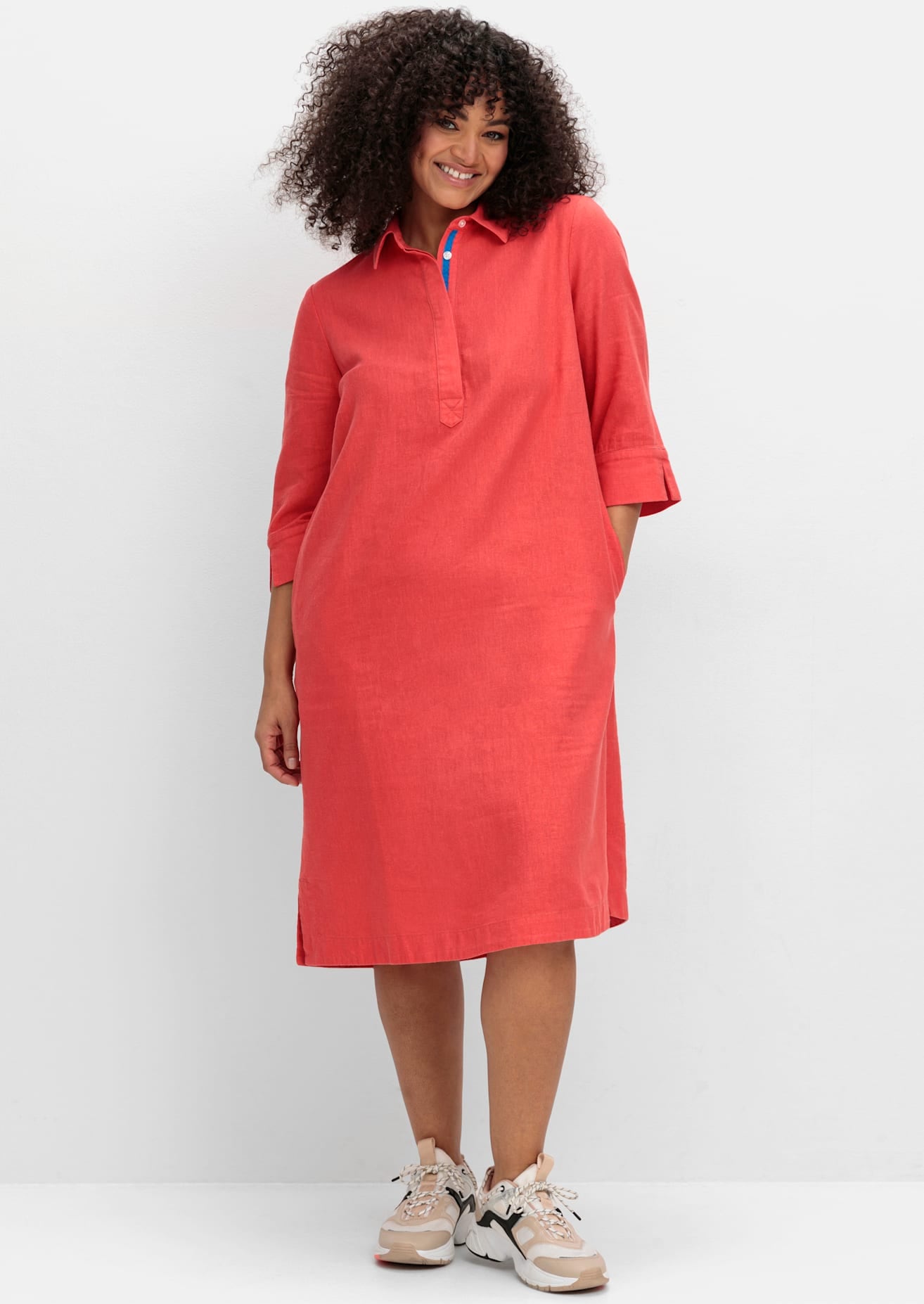 Sommerkleid SHEEGO "Blusenkleid", Damen, Gr. 40, Normalgrößen, rot (hummer), 55% Leinen, 45% Viskose, unifarben, wadenlang, Kleider Image