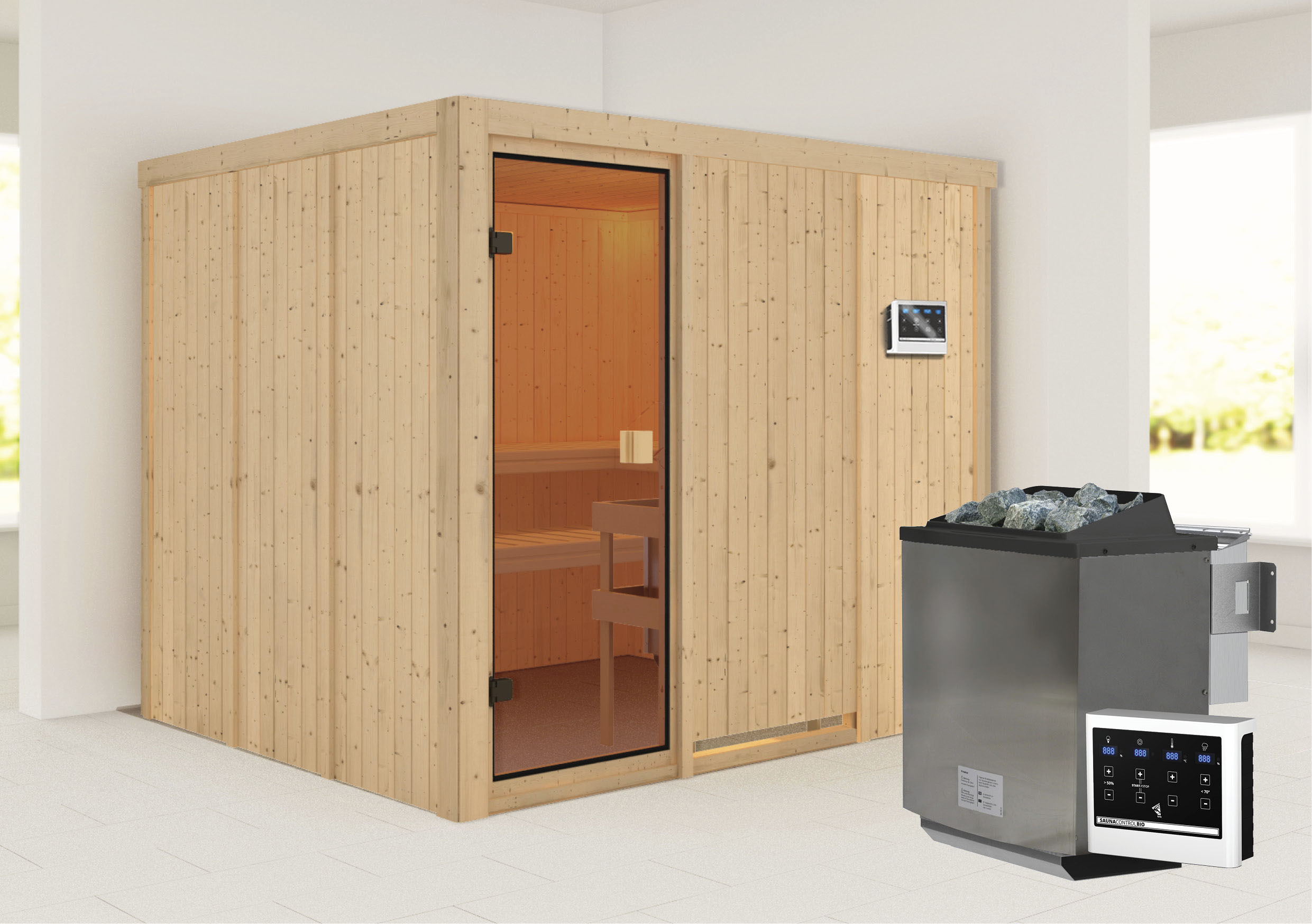 Sauna KARIBU "Nybro", beige (naturbelassen), (ohne Ofen), Saunen, Ofen 9 kW Bio externe Strg easy