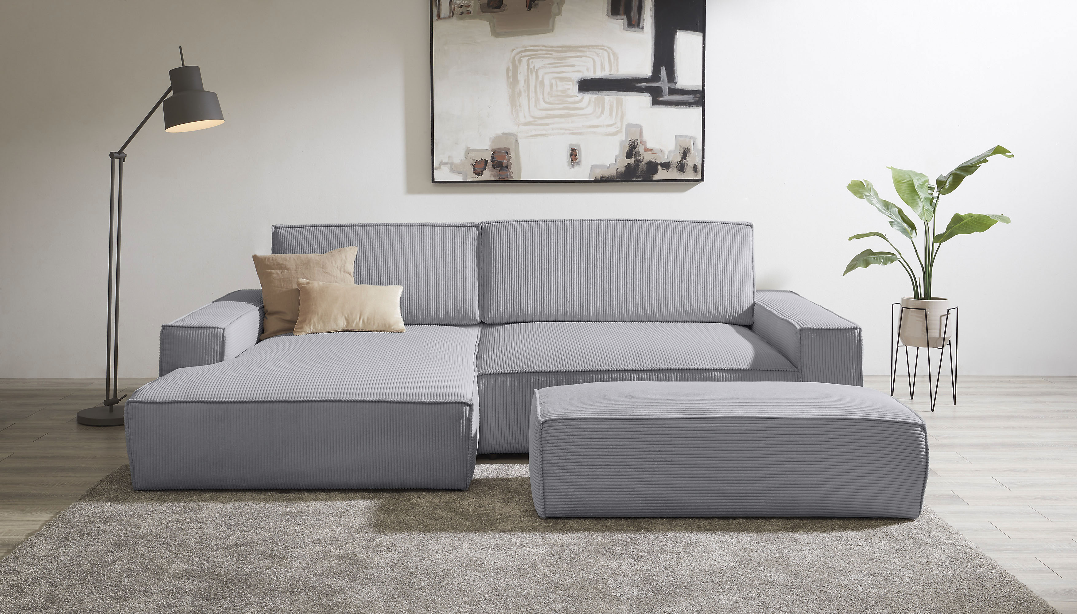 Polsterecke HOME AFFAIRE "SHERWOOD XXL tief, L-Form, Schlaffunktion, Bigsofa, Cord, Leinenoptik", grau (hellgrau), B:284cm H:90cm T:135cm, 100% Polyester, Sofas, stellbar zum Schlafsofa (Krokodilverbinder), Cord, Leinenoptik
