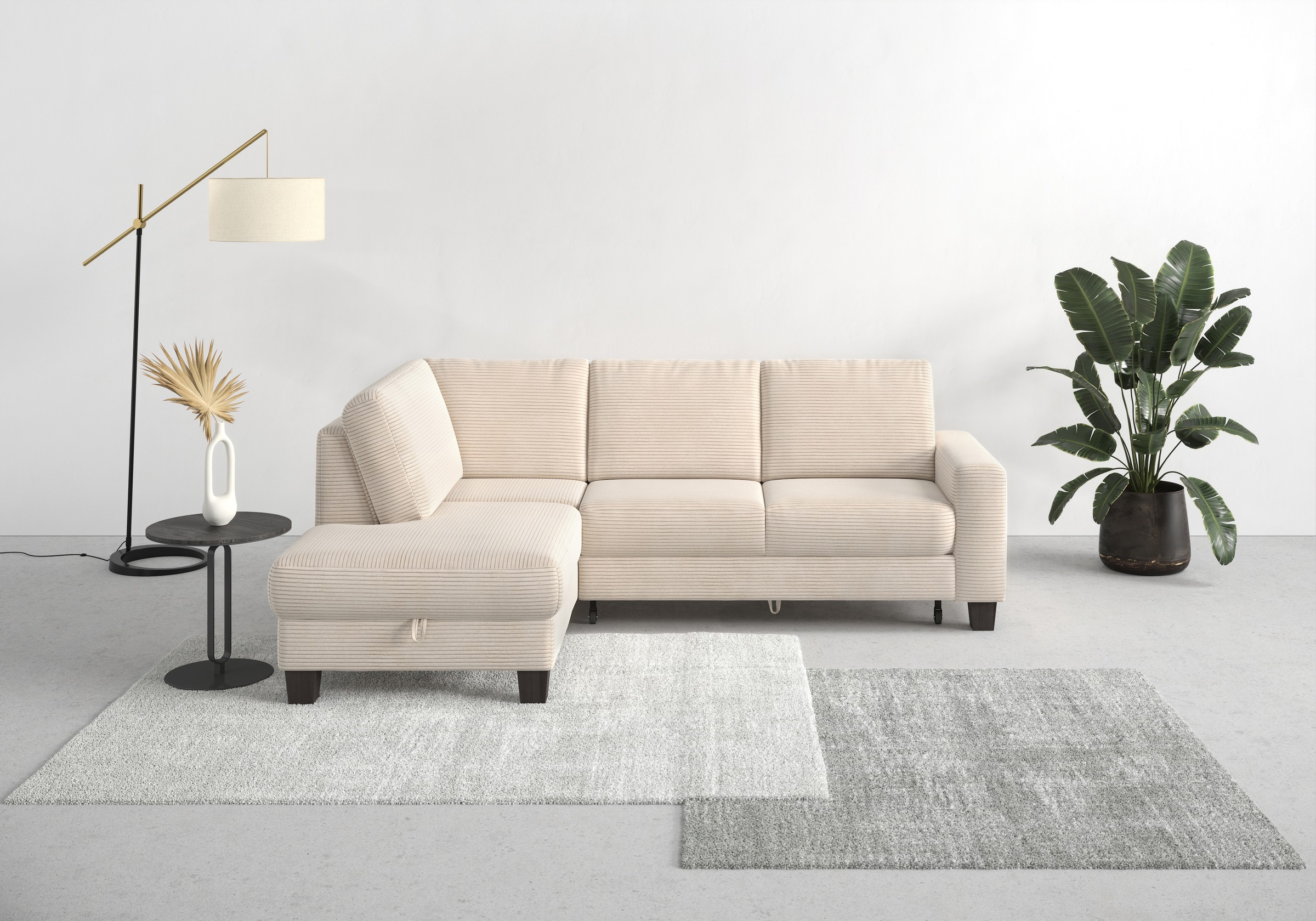 Ecksofa HOME AFFAIRE "Summer L-Form", beige (creme), B:236cm H:91cm T:170cm, 100% Polyester, Sofas, mit Ottomane, mit oder ohne Bettfunktion und Bettkasten, Cord-Bezug Image