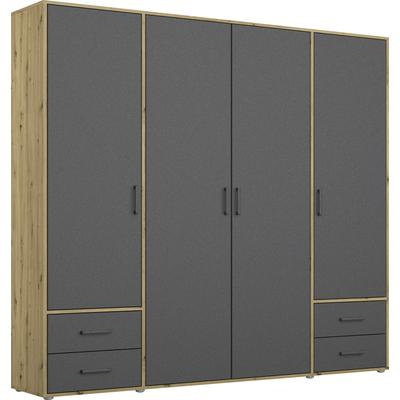 Drehtürenschrank RAUCH "Kleiderschrank Schrank Garderobe Wäscheschrank VOYAGER", grau (eiche artisan, graumetallic), B:187cm H:194cm T:53cm, Holzwerkstoff, Schränke, moderne Griffe in Graumetallic mit Außenschubkästen MADE IN GERMANY Image
