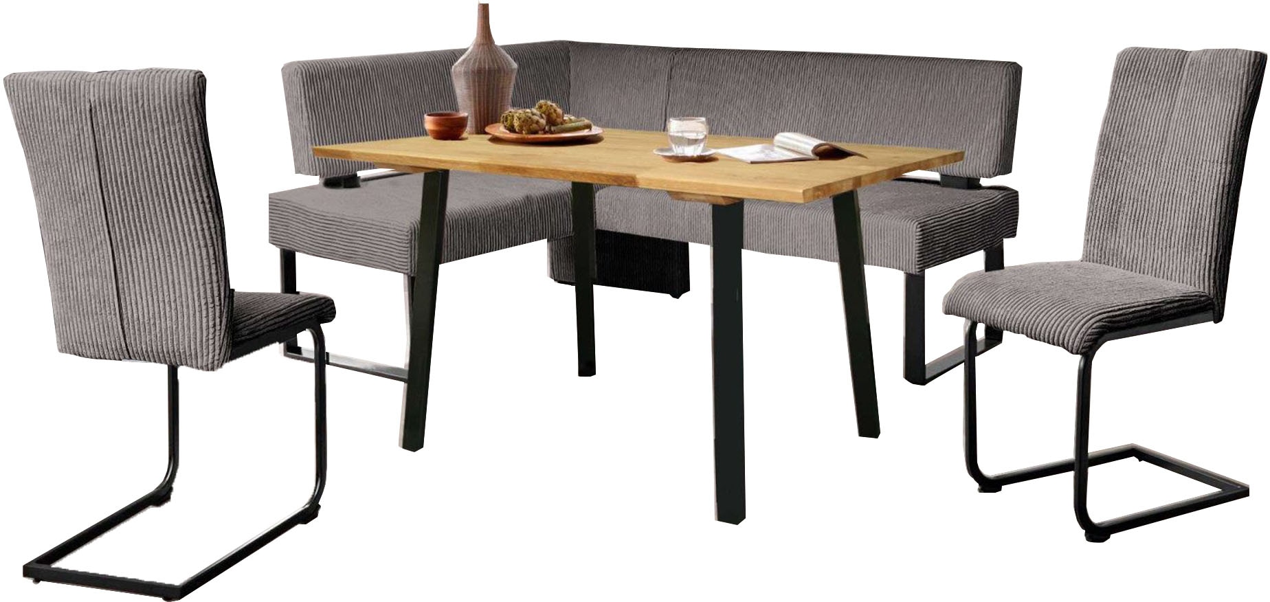 Eckbankgruppe OTTO HOME "Oliver", grau (volcanic, schwarz), B:180cm H:89cm T:140cm, FSC-zertifizierter Holzwerkstoff, FSC-zertifiziertes Massivholz, Metall, Polyester, Sitzmöbel-Sets, Eckbankgruppe, Eckbank mit Wellenunterfederung im Sitz, Tisch...