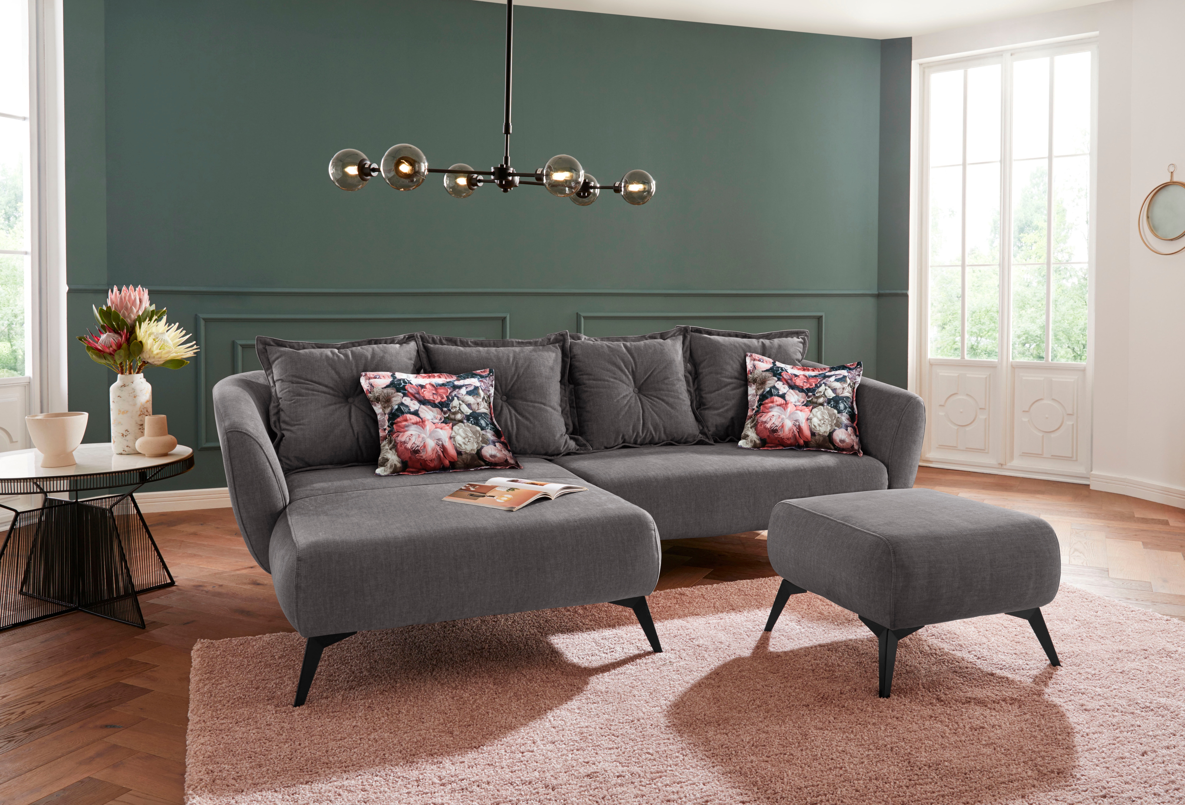 Ecksofa HOME AFFAIRE "Baggio romantische Polsterecke, bequem, Breite 277 cm, L-Form", schwarz (asche), B:277cm H:80cm T:162cm, Sofas, Ecksofa, Zierkissen inklusive, schwarze Metallfüße