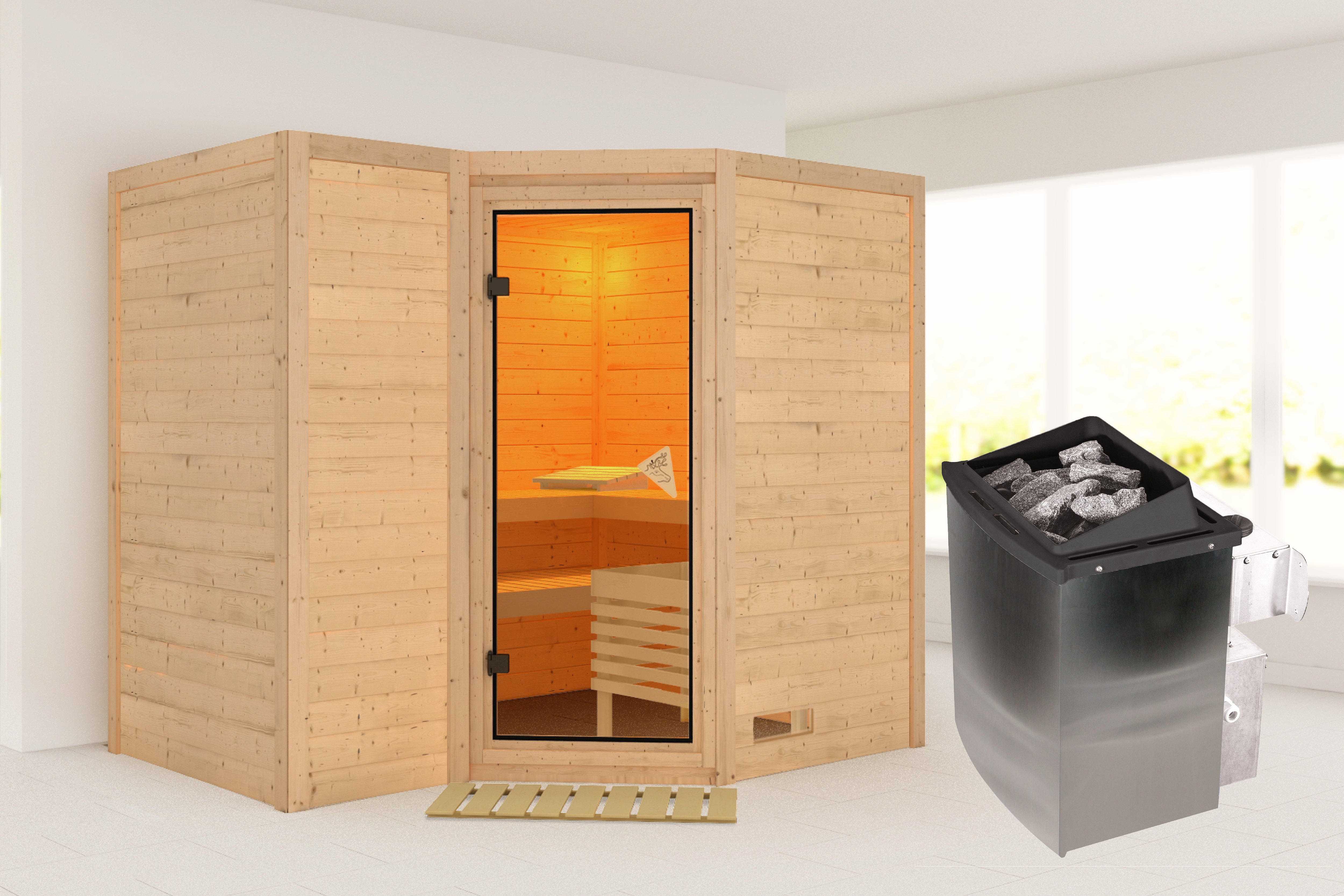 Sauna KARIBU "Sanna 2", beige (naturbelassen), Saunaofen, integrierte Steuerung, 9 kW, Saunen, Ofen 9 kW integr. Strg