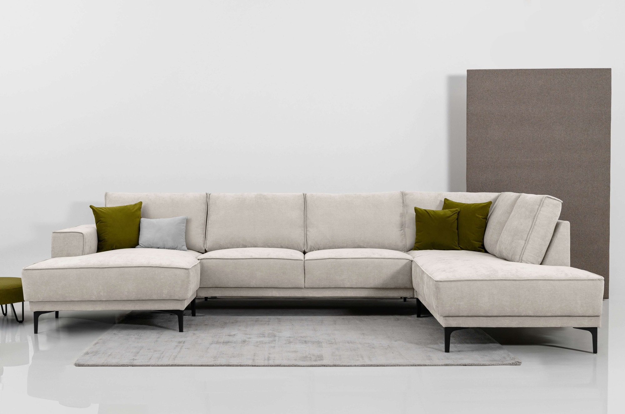Wohnlandschaft OTTO HOME "XXL Sofa Oland, Struktur, Flachgewebe, Luxus-Microfaser, Boucle", braun (latte), B:345cm H:85cm T:210cm, 100% Polyester, Sofas, Wohnlandschaft, U-Form, 345 cm, Wellenunterfederung, Skandi-Design, Metallfüße