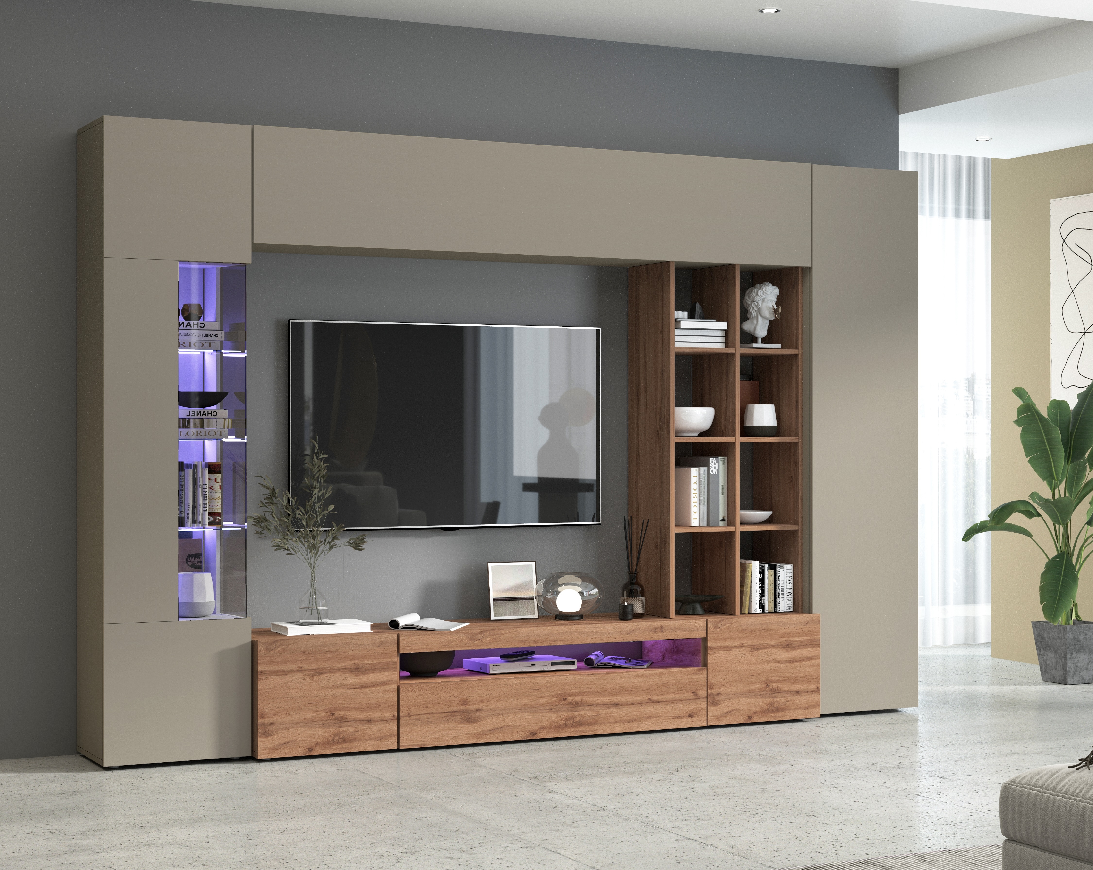 Wohnwand INOSIGN "New Egypt, Anbauwand, Medienwand, Wohnzimmerwand", braun (taube, eiche wotan), B:290cm, Glas, Holzwerkstoff, Kastenmöbel-Sets, Wohnwand, Regalaufsatz Breite 290 Höhe 191